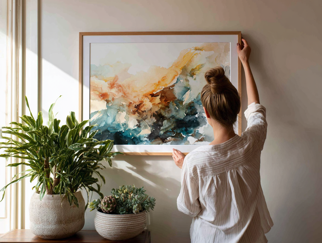 Woman hanging framed soft abstract art print