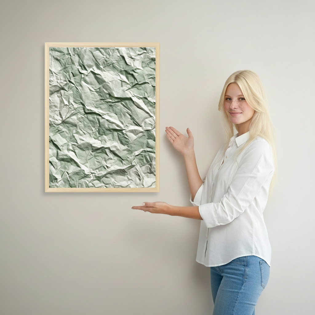 Woman standing next to a framed textured green artwork on a wall.