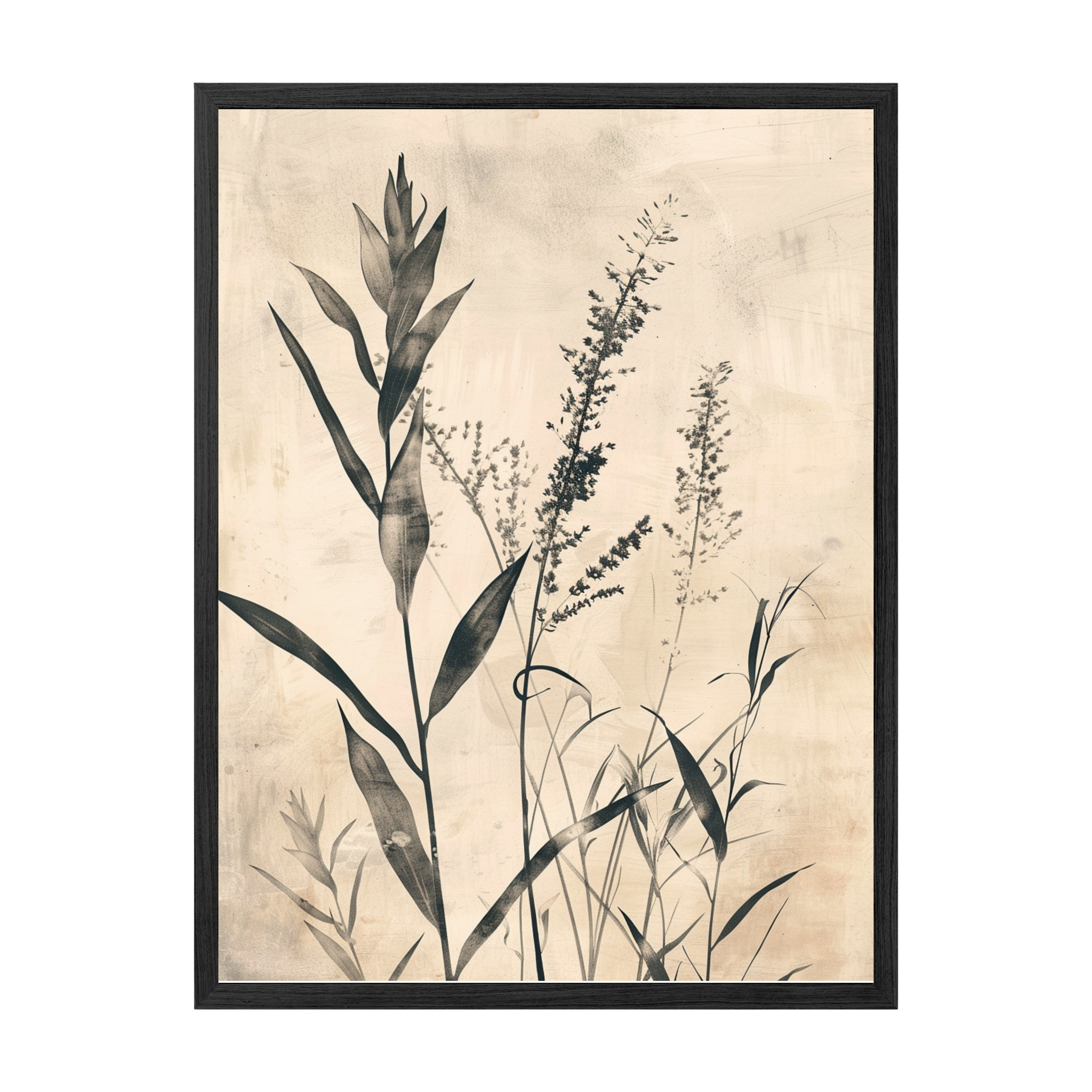 Framed botanical art print with black leaves on a beige background