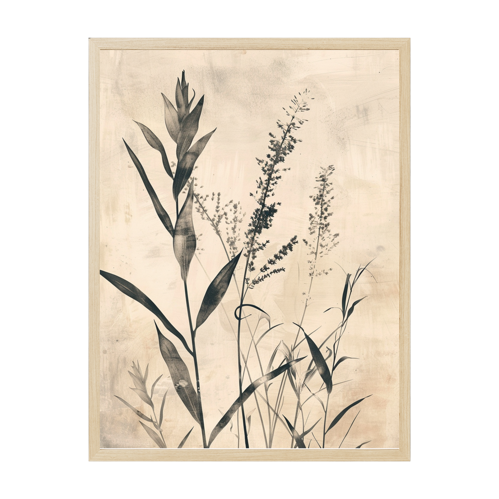 Japandi botanical line art print featuring a minimal floral illustration in soft warm neutrals, elegant minimalist décor for calm modern homes.