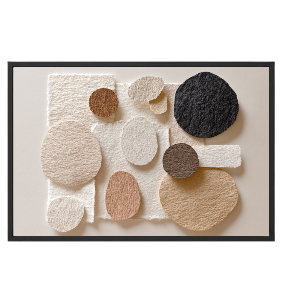 Framed abstract art piece with textured circular shapes in various colors on a beige background