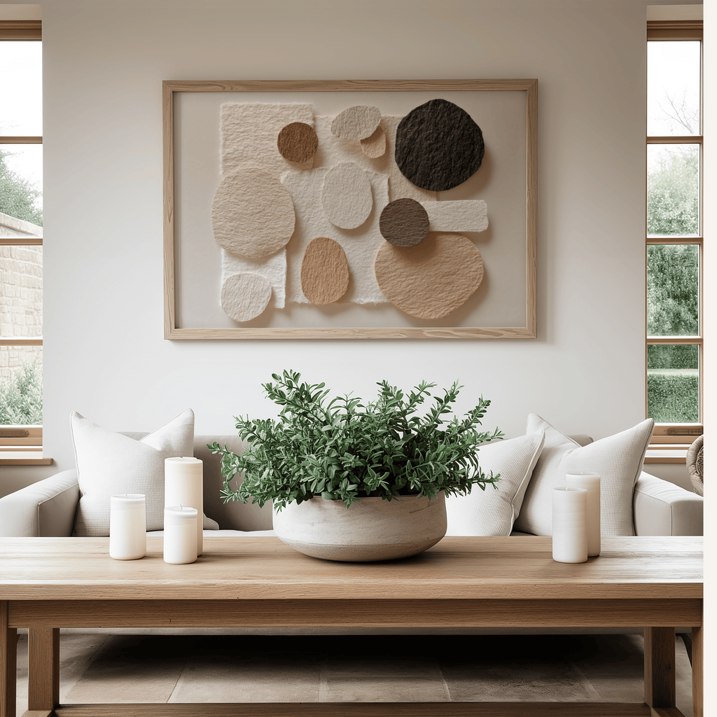 Living room with a wooden coffee table, potted plant, and abstract wall art.