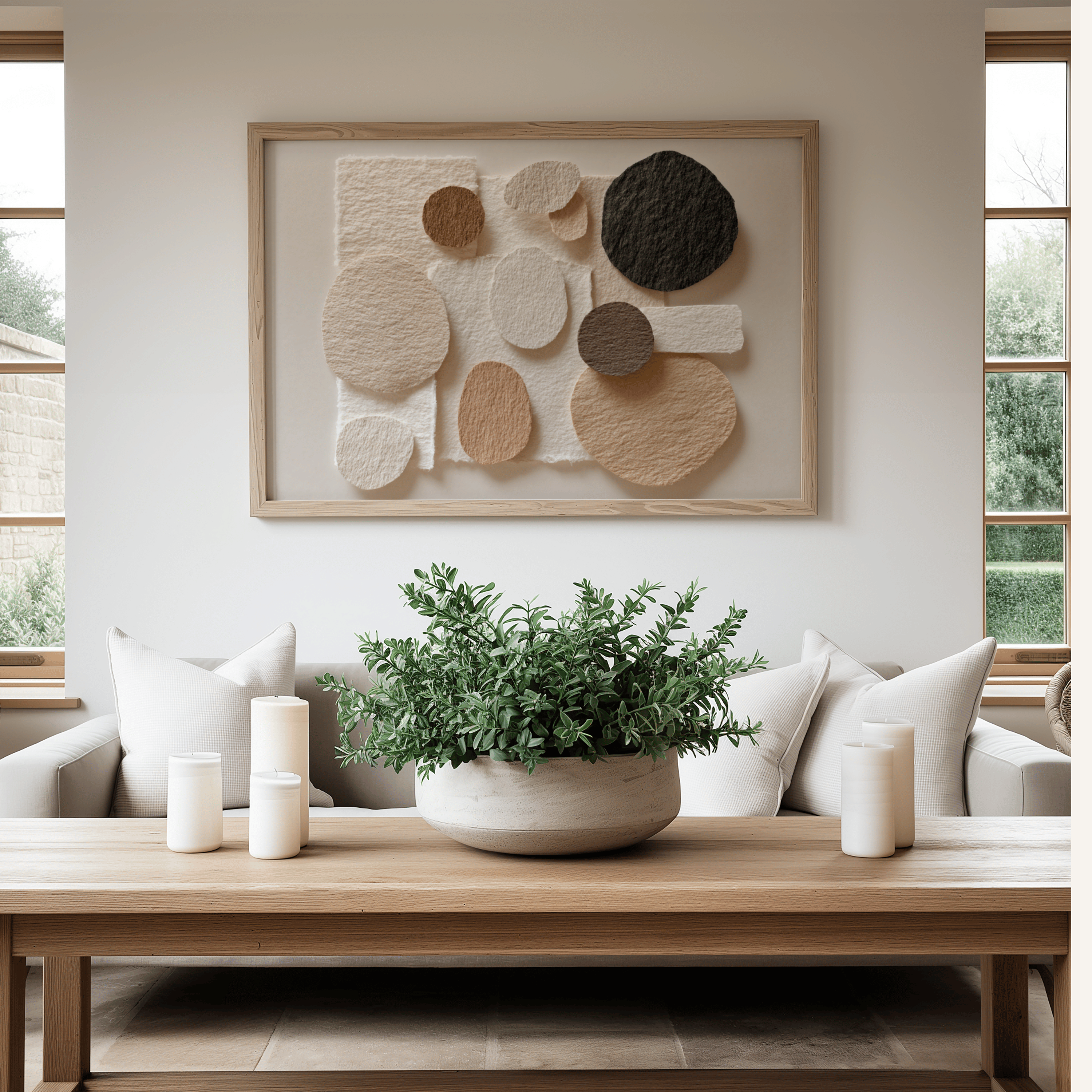 Living room with a wooden coffee table, potted plant, and abstract wall art.