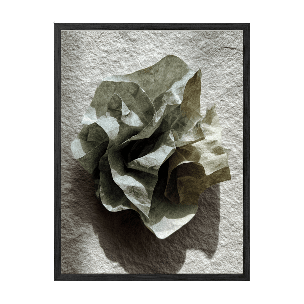 Framed artwork of a crumpled piece of paper on textured gray background