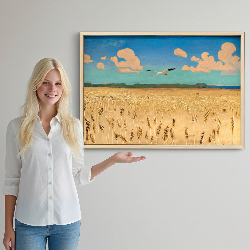 Woman standing next to a painting of a landscape with clouds and a field.