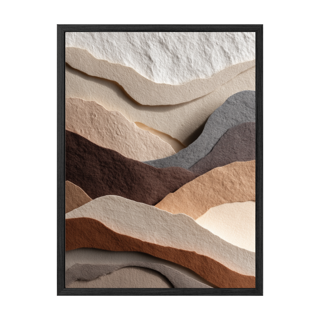Framed artwork of textured mountain landscape with neutral colors.