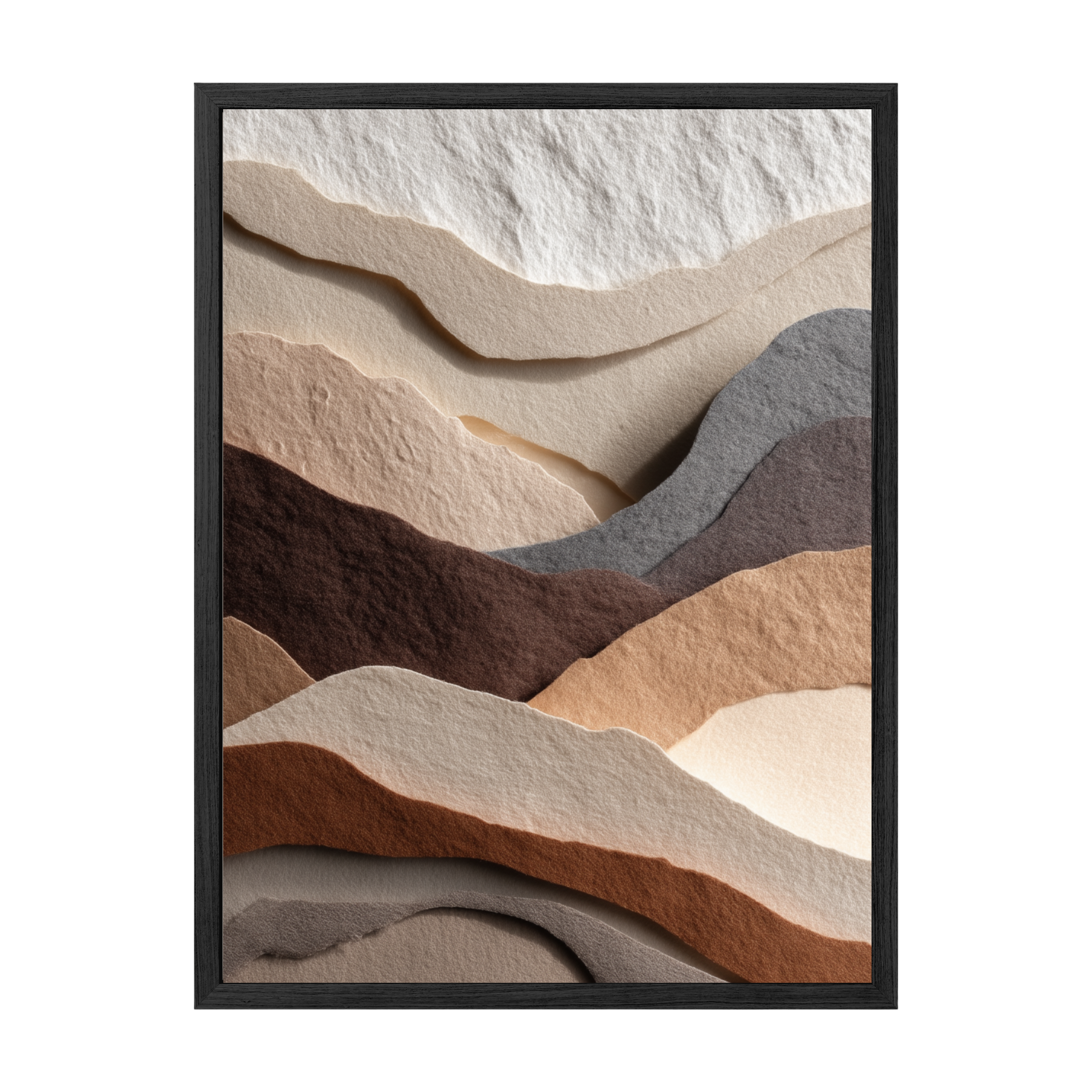 Framed artwork of textured mountain landscape with neutral colors.