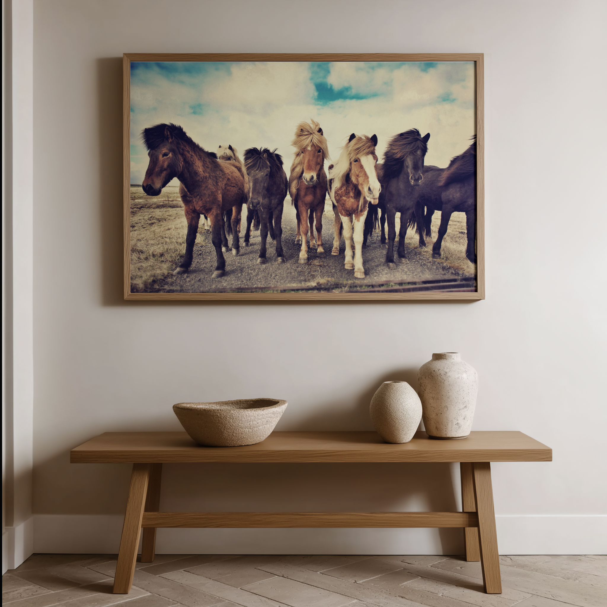 Icelandic horses photo hanging on wall over bench