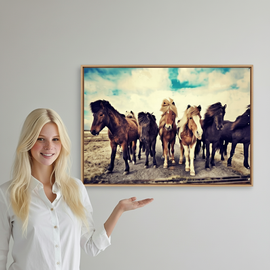 Young woman showing off Icelandic Horses artwork