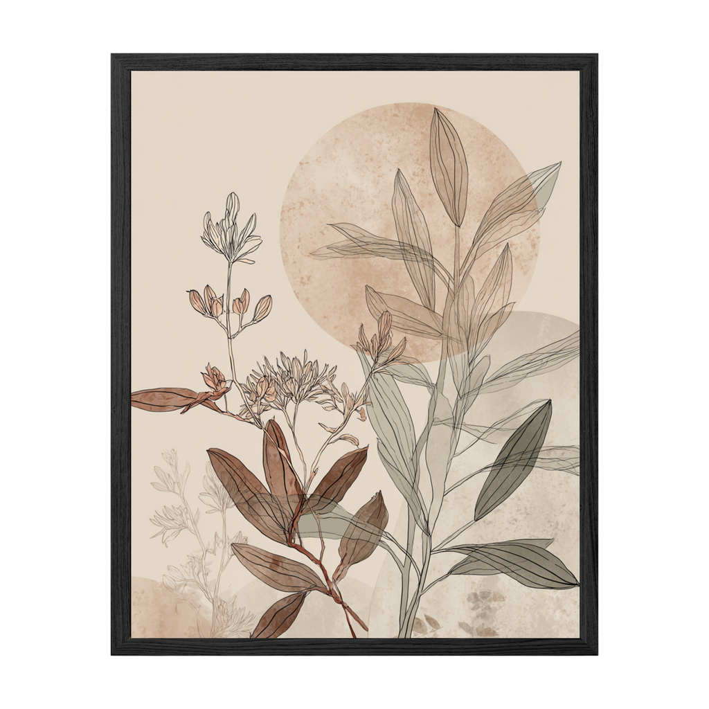 Framed botanical art print with leaves and a circular design on a beige background