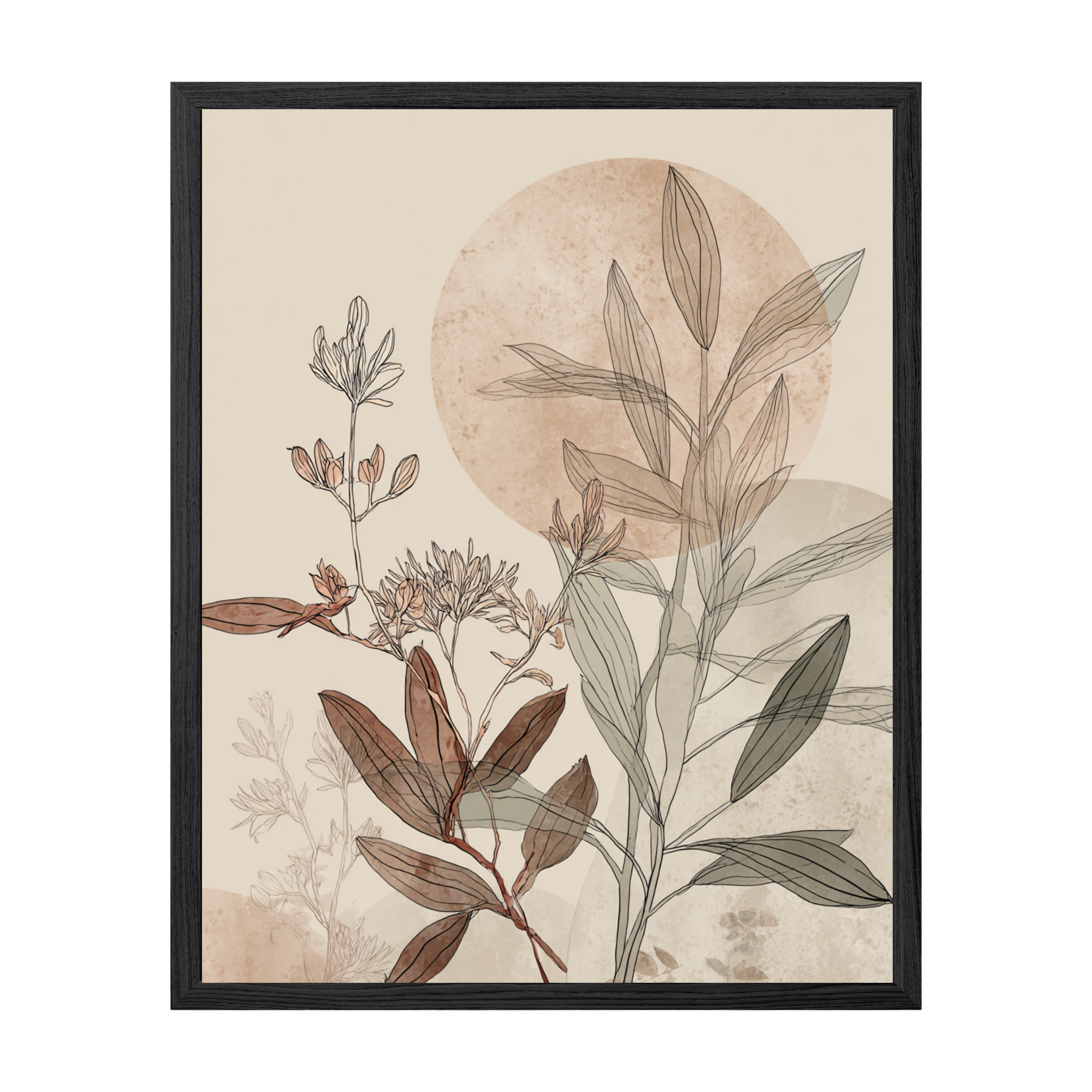 Framed botanical art print with leaves and a circular design on a beige background