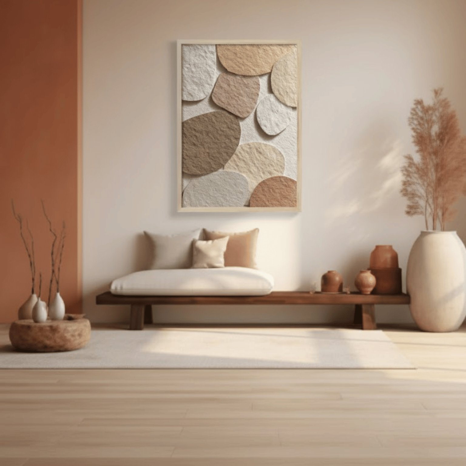 Japandi bench with wall art