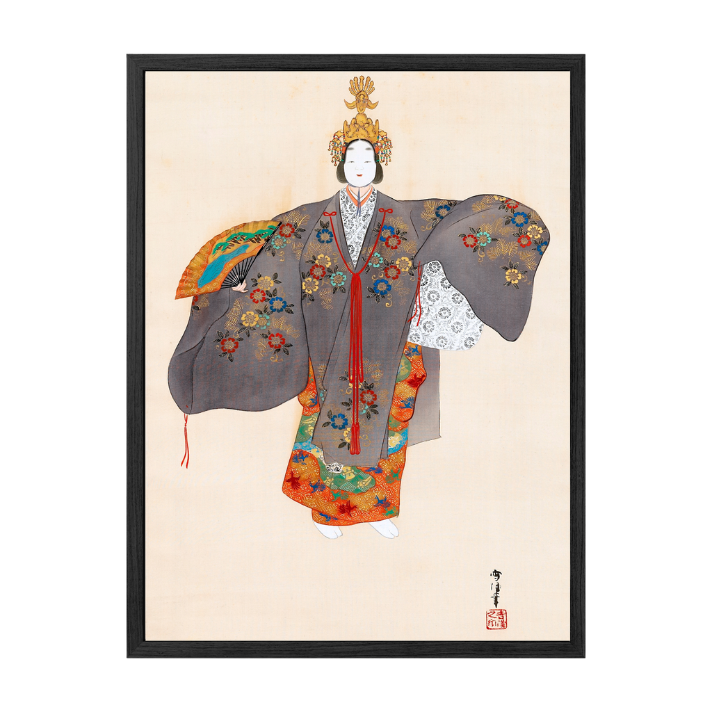 Framed artwork of a traditional Japanese figure in colorful attire on a beige background
