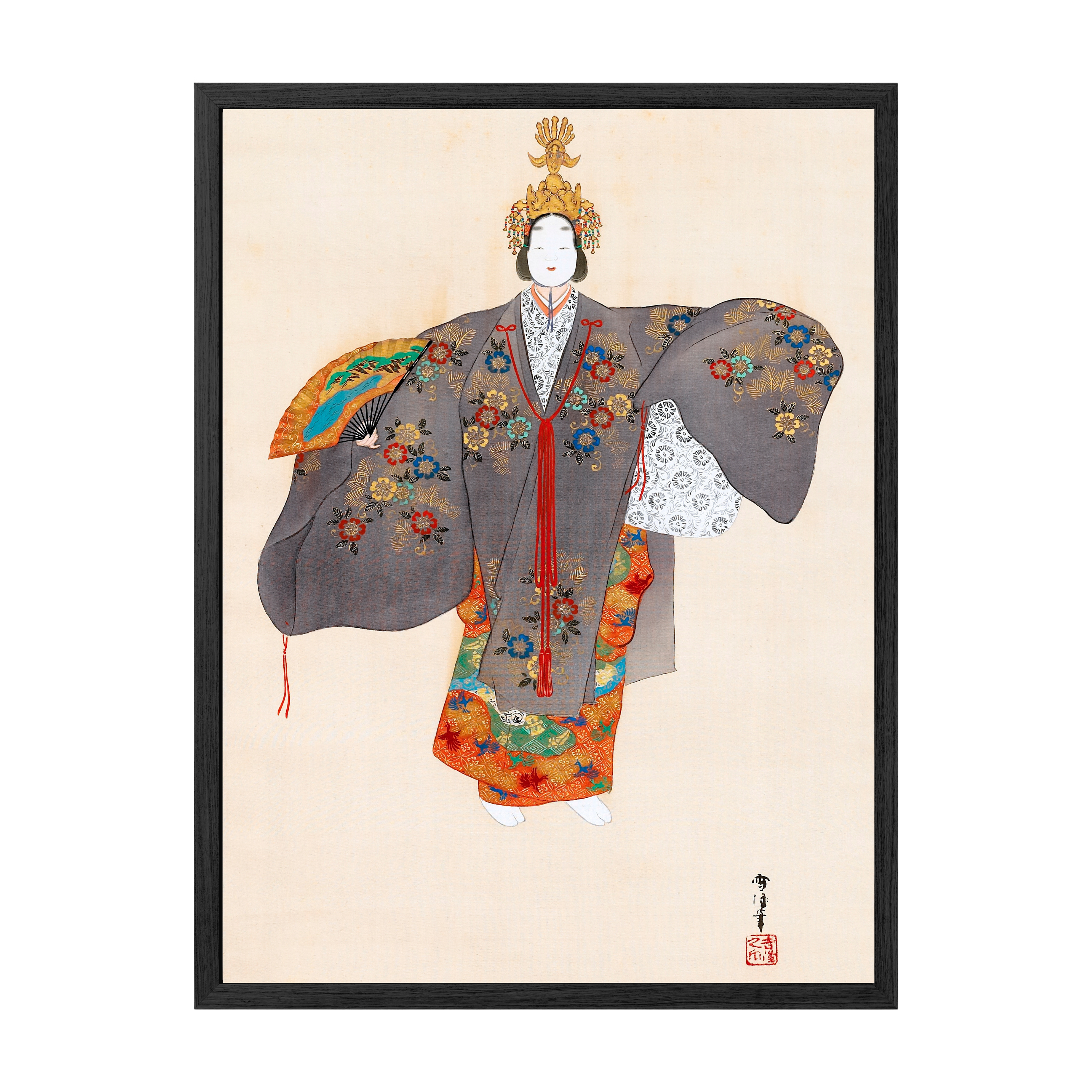 Framed artwork of a traditional Japanese figure in colorful attire on a beige background