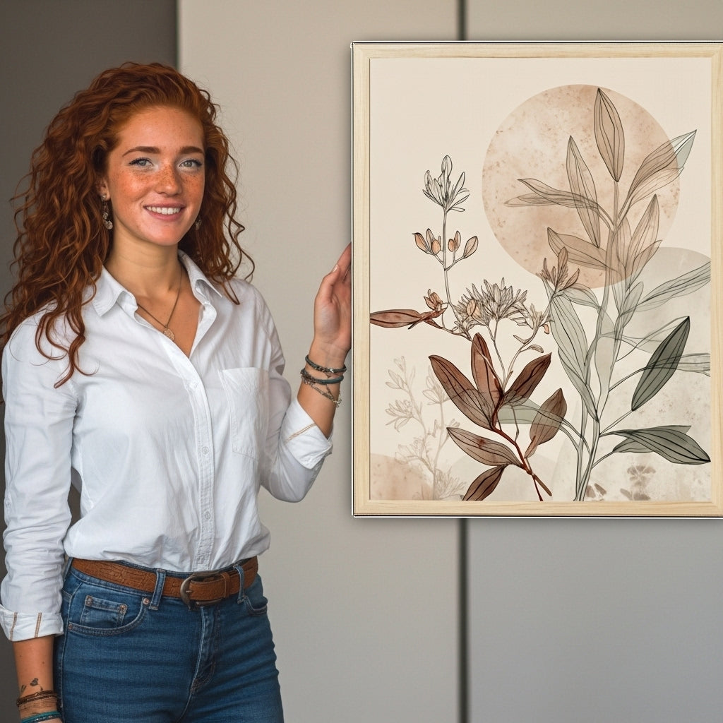 Woman holding a framed botanical art print against a plain wall.
