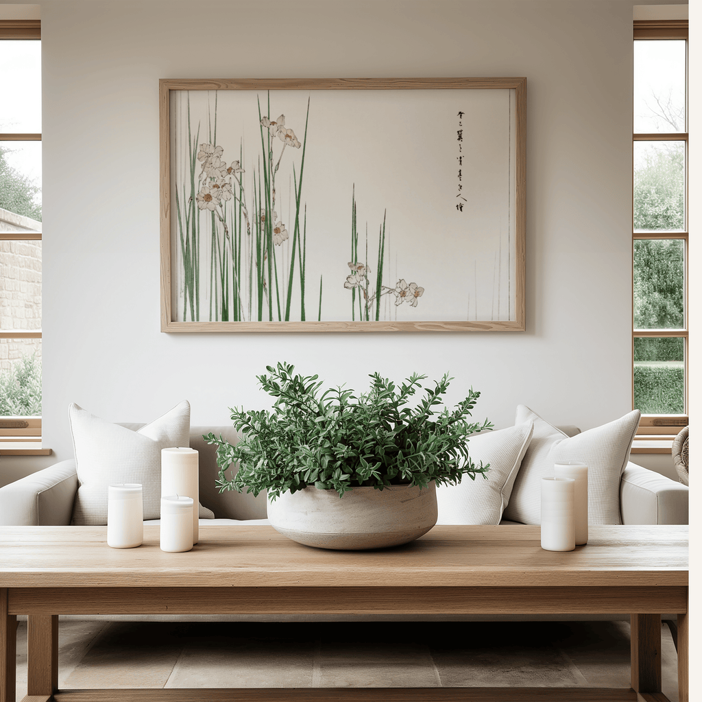 Living room with a wooden coffee table, potted plant, and framed artwork on the wall.