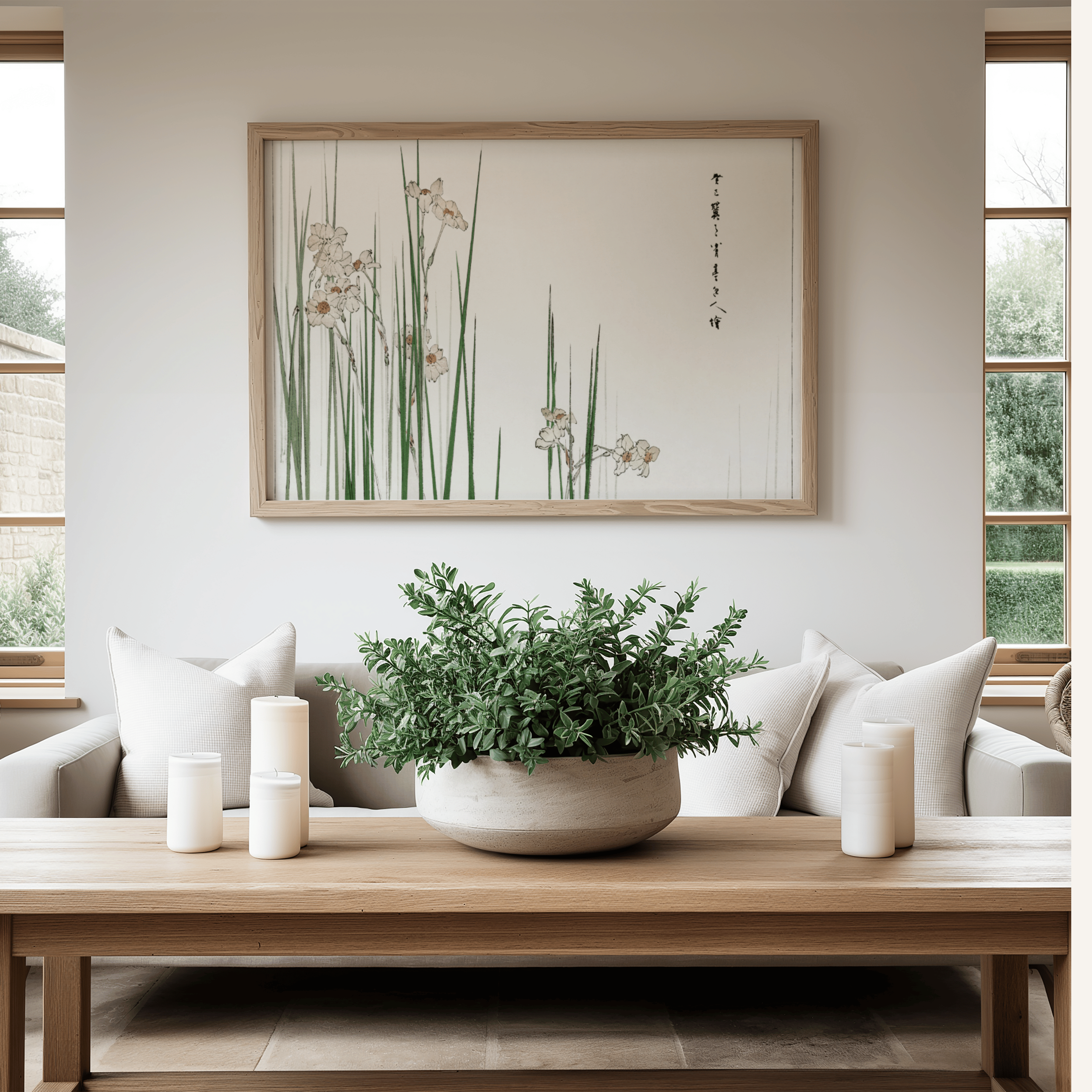 Living room with a wooden coffee table, potted plant, and framed artwork on the wall.
