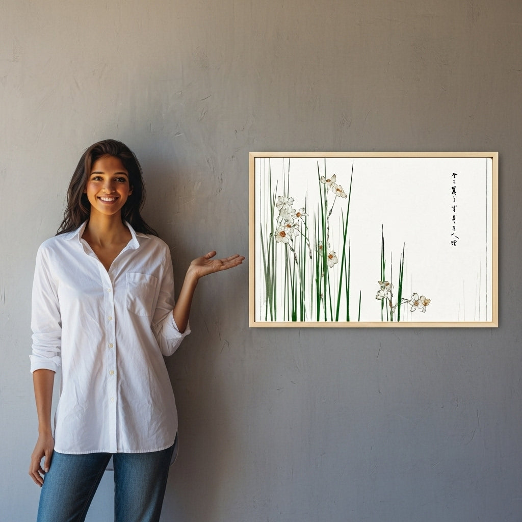 Woman standing next to a framed artwork of flowers on a gray wall