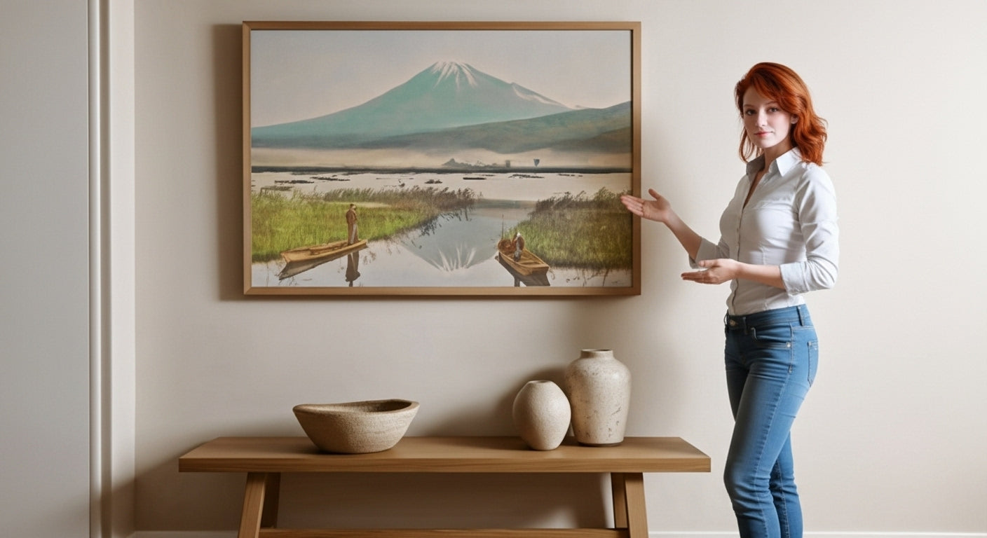 Woman standing next to a painting of a mountain landscape in a room with a wooden shelf and decorative items.