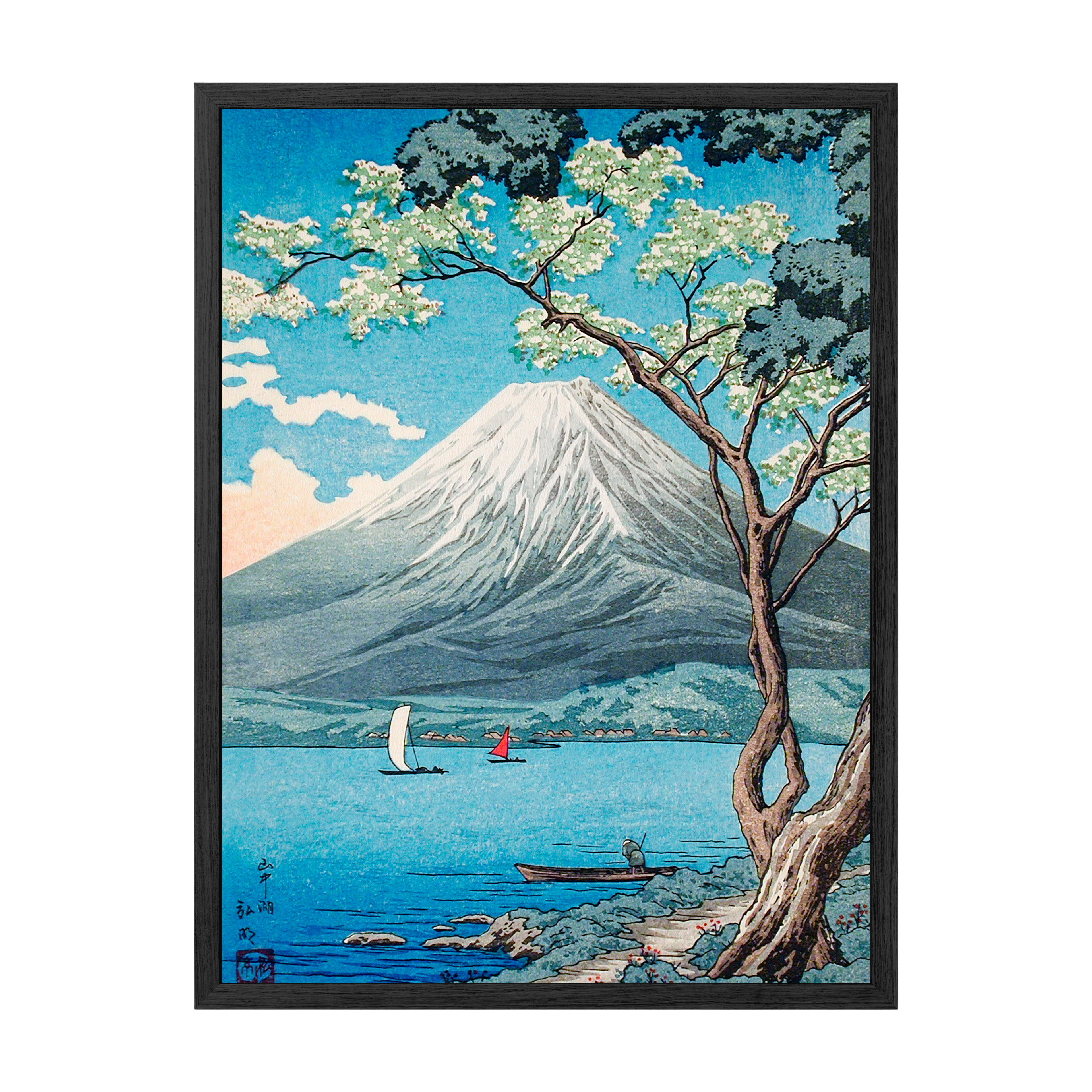 vintage jaanese print of mt fuji from lake yamanaka