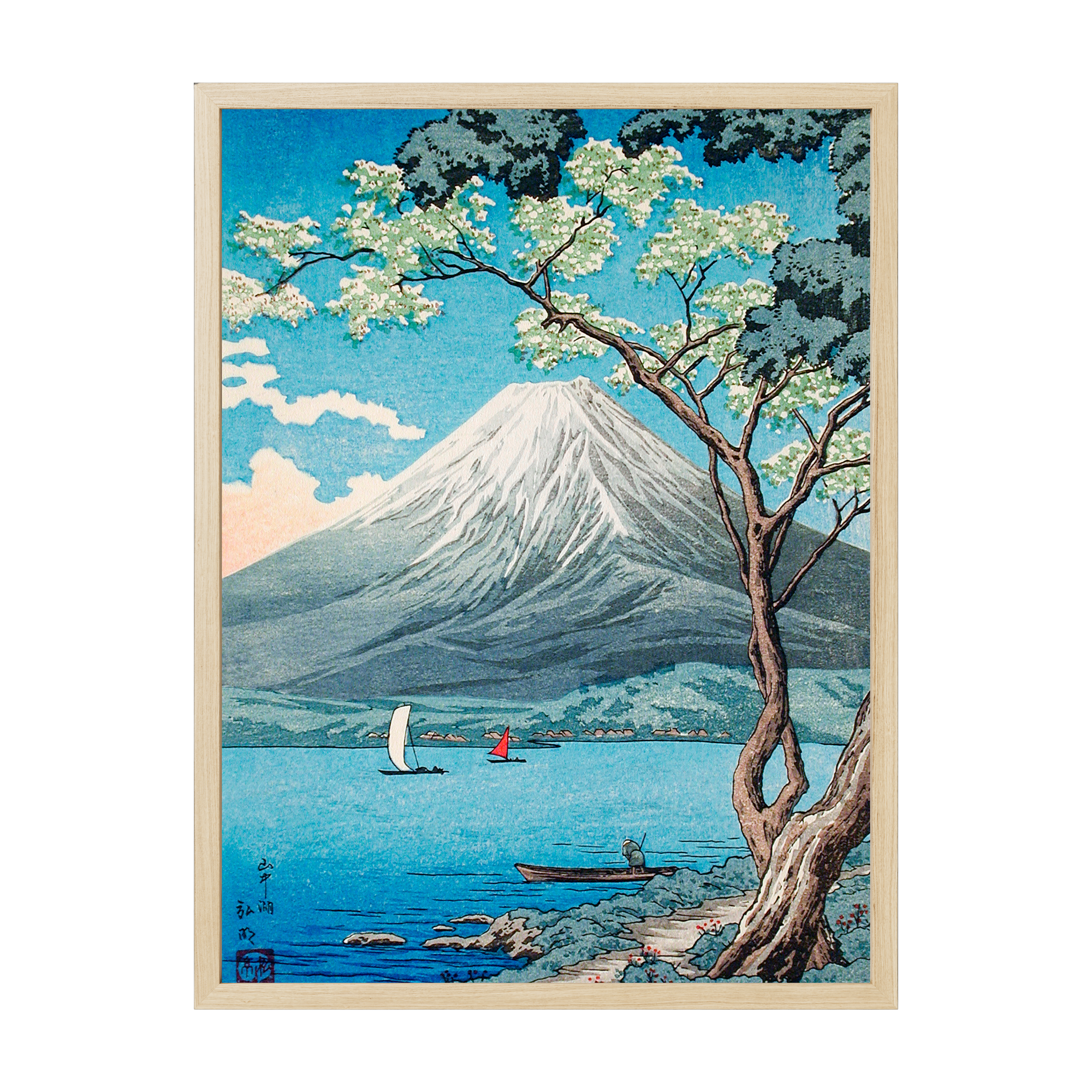 Vintage Japanese ukiyo-e print depicting Mt. Fuji from Lake Yamanaka, traditional woodblock landscape in calming blue and natural tones.