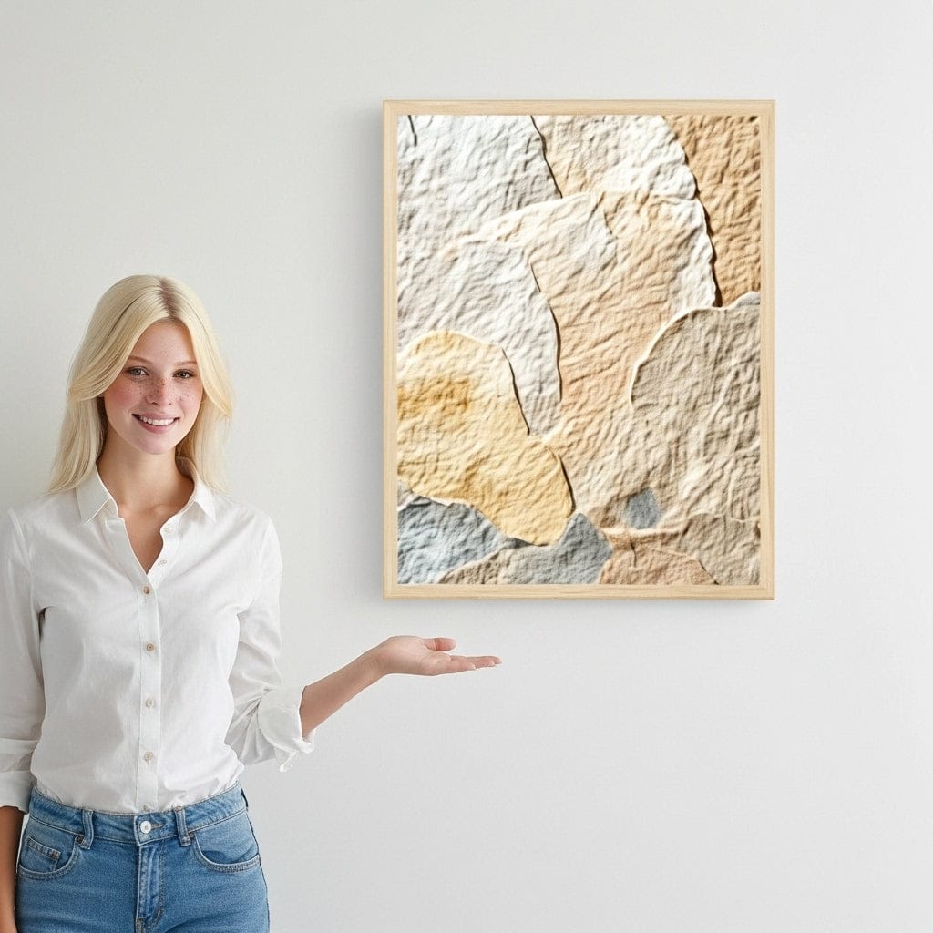 Woman standing next to a textured wall art piece on a light gray wall