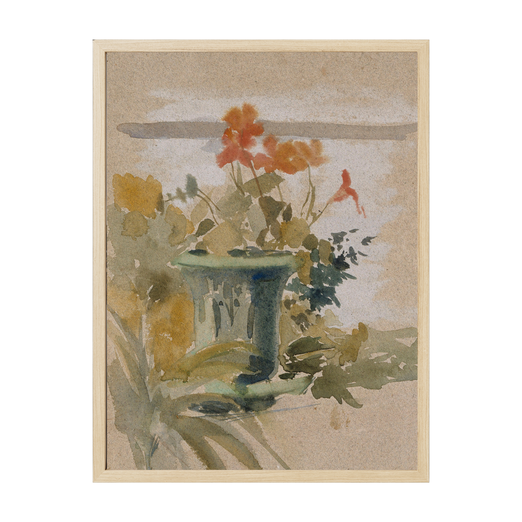 Vintage Scandinavian botanical art print showing pelargoniums on a terrace, soft warm colors and classic floral illustration style.