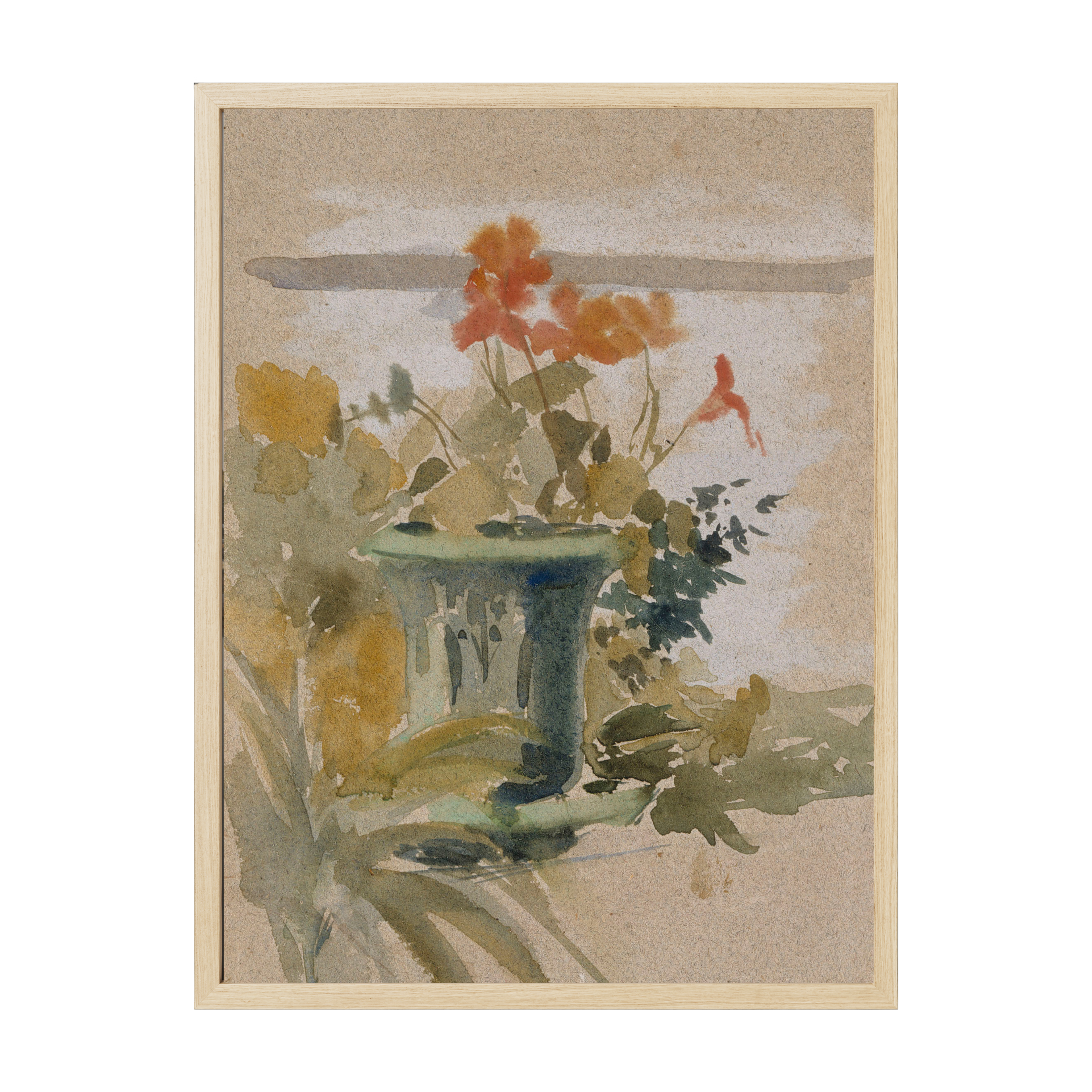 Vintage Scandinavian botanical art print showing pelargoniums on a terrace, soft warm colors and classic floral illustration style.