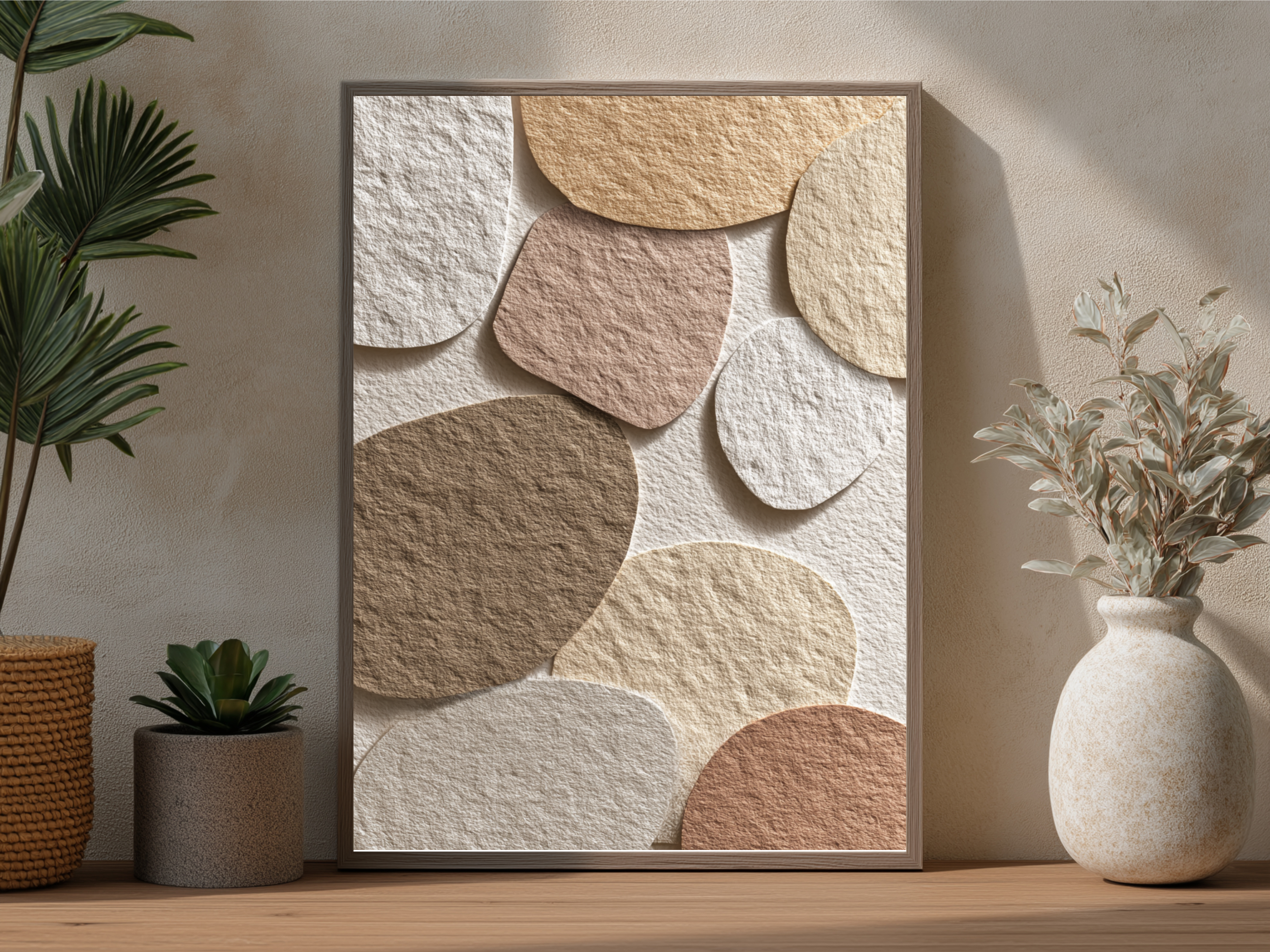 Framed abstract art piece with circular patterns on a wall, surrounded by decorative plants and a vase.