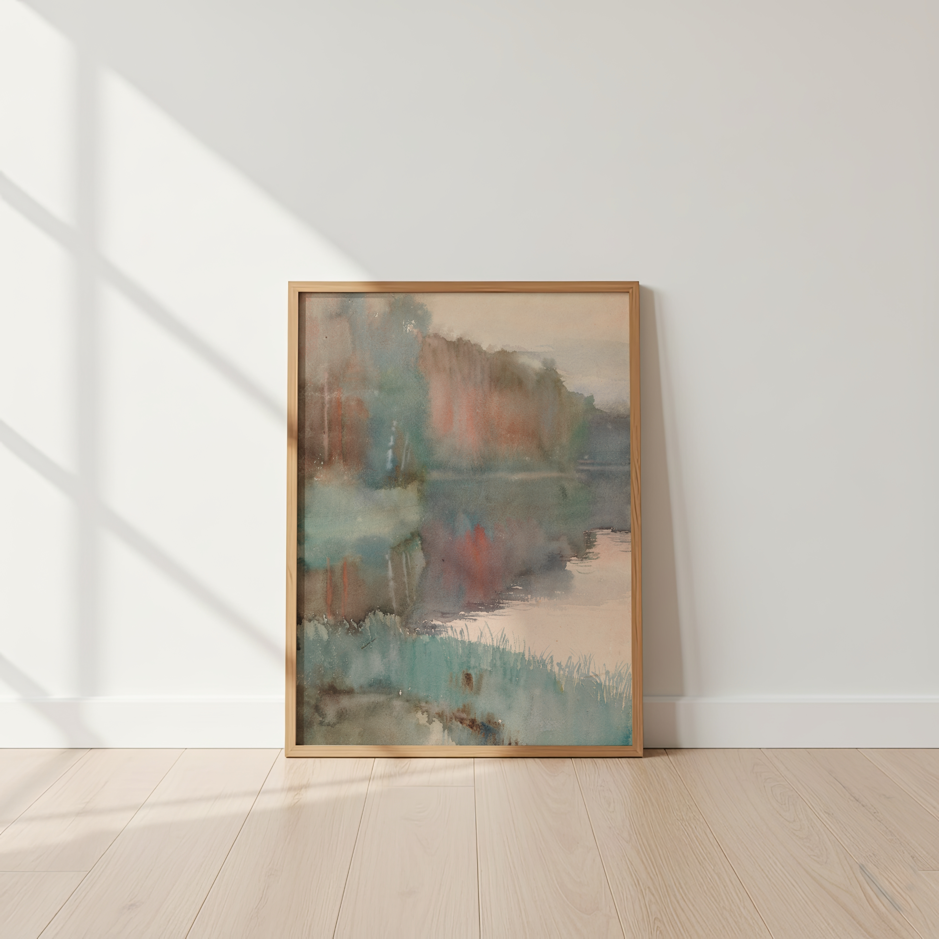 Framed abstract painting on a white wall with wooden floor