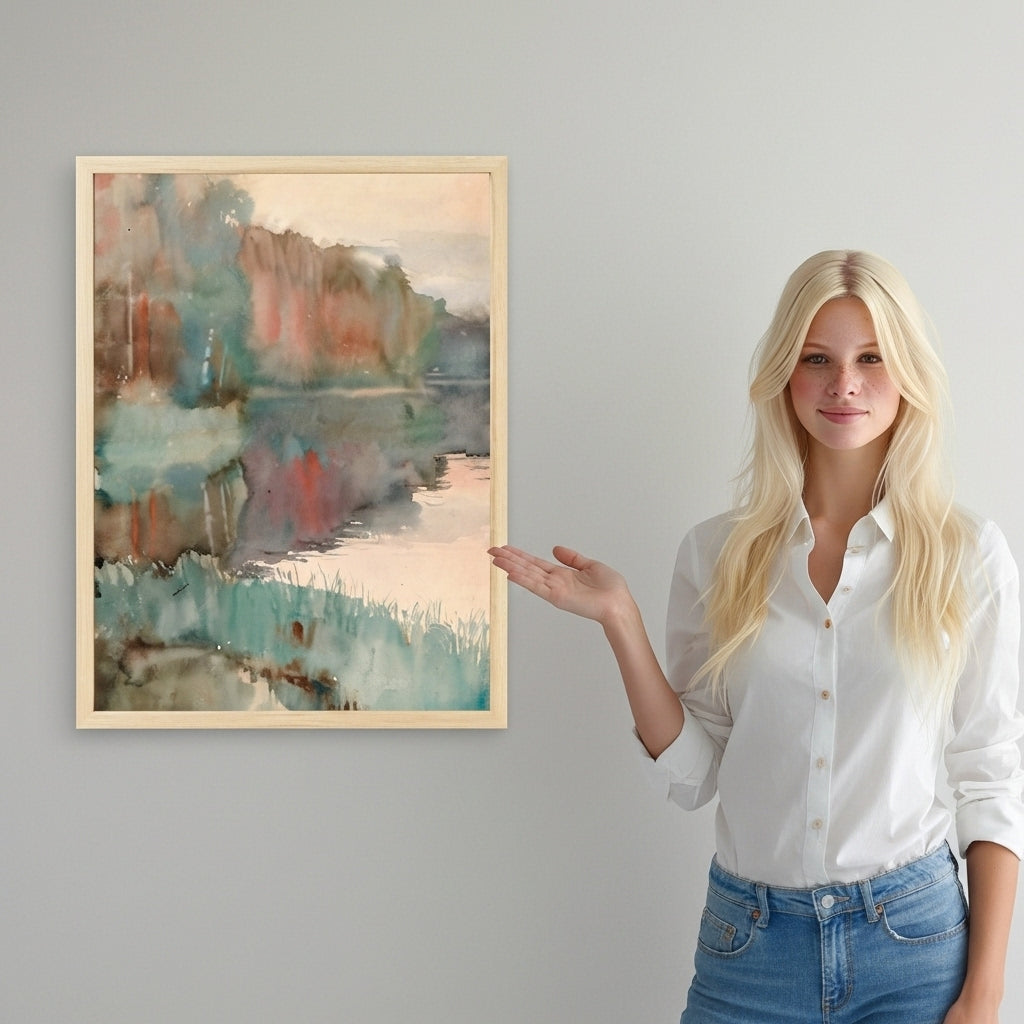 Woman pointing at a framed abstract landscape painting on a wall