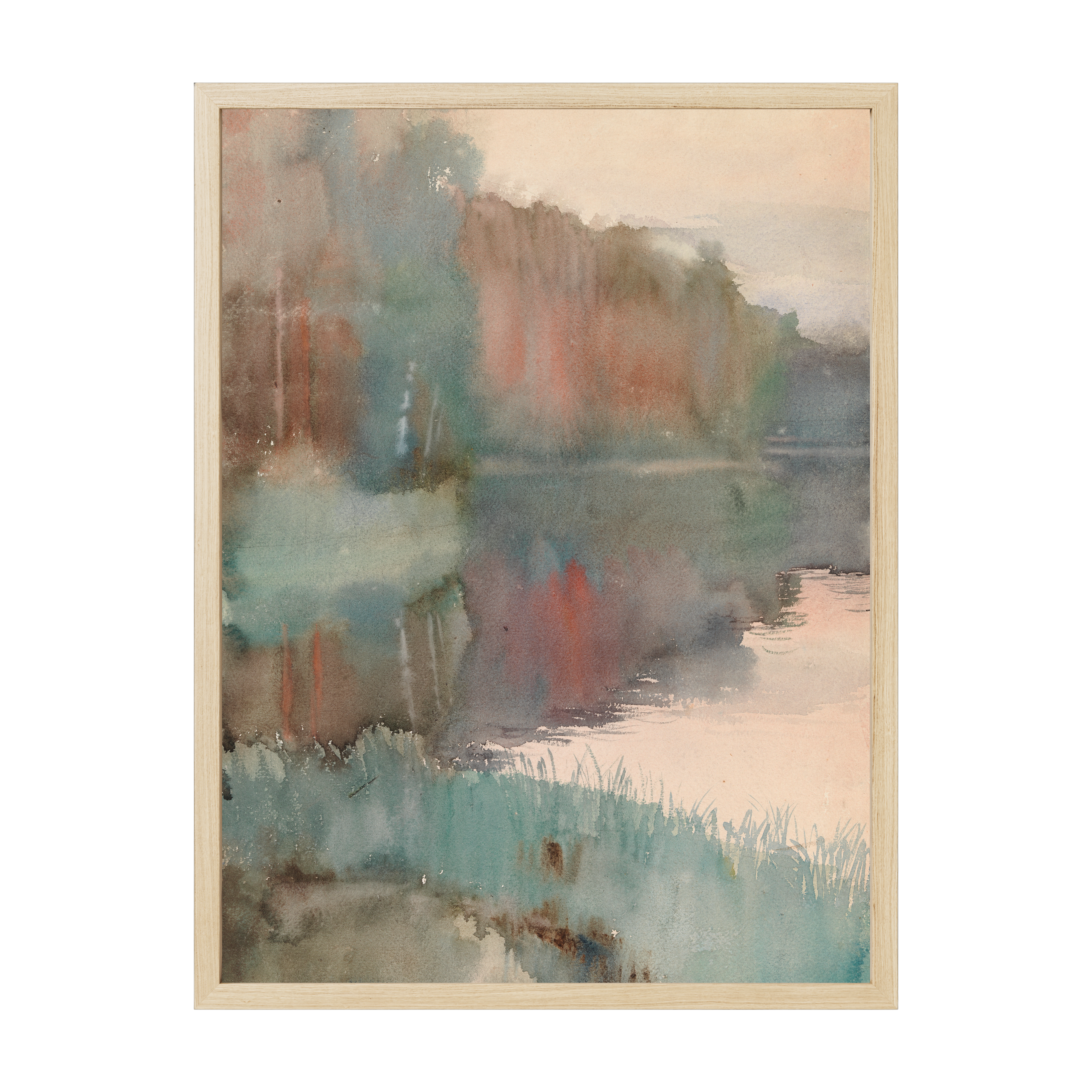 Vintage Scandinavian nature art print of an autumn seashore, poetic haiku-inspired landscape in soft earthy tones for tranquil décor.