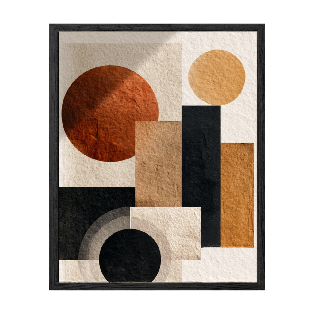 Abstract art piece with geometric shapes in earthy tones on a white background