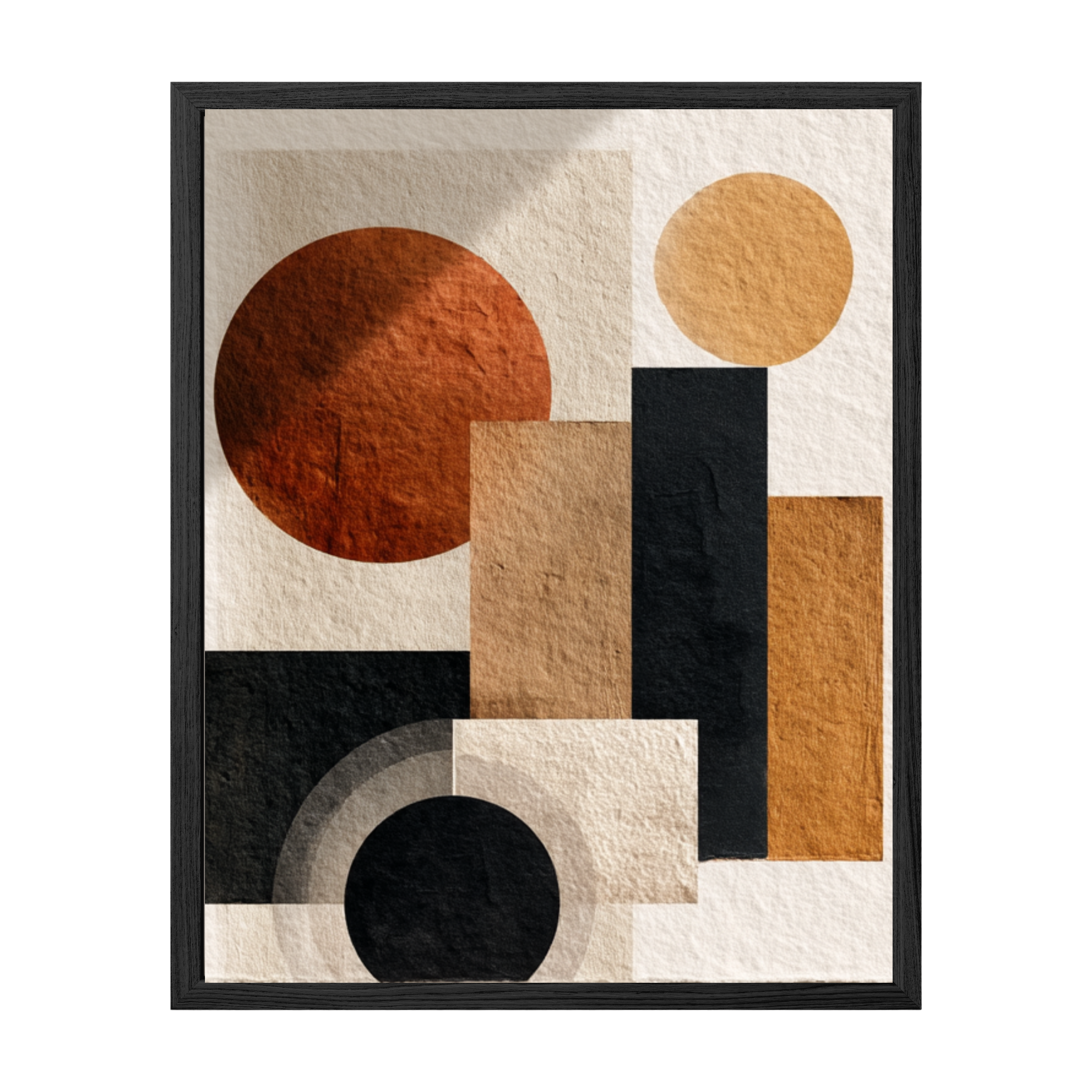 Abstract art piece with geometric shapes in earthy tones on a white background