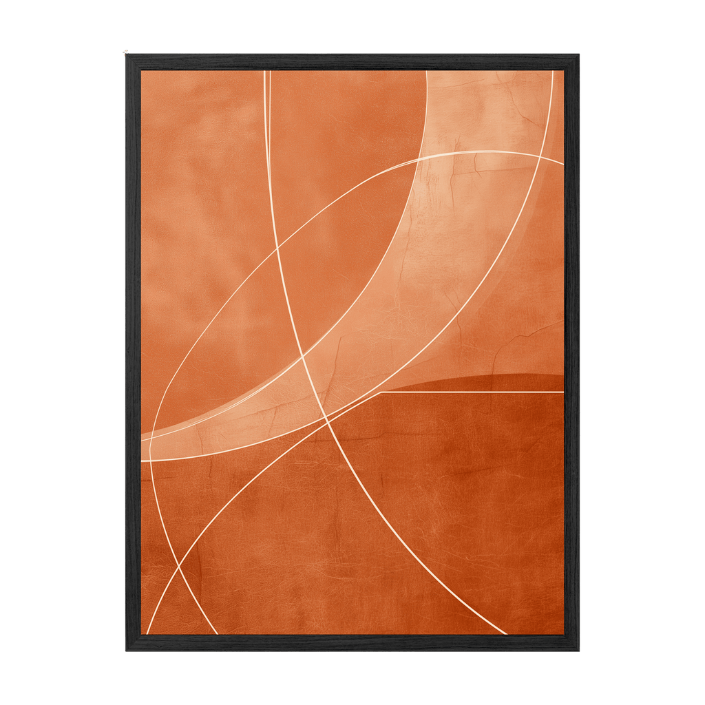 Abstract art print with orange background and white lines in a black frame.