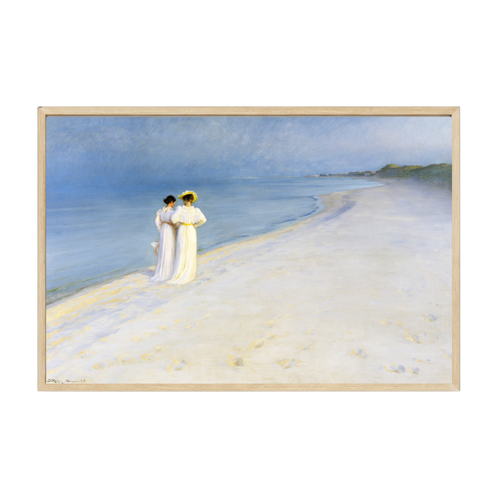 Vintage Scandinavian coastal art showing a quiet summer evening at Skagen’s beach, warm atmospheric tones for serene wall décor.