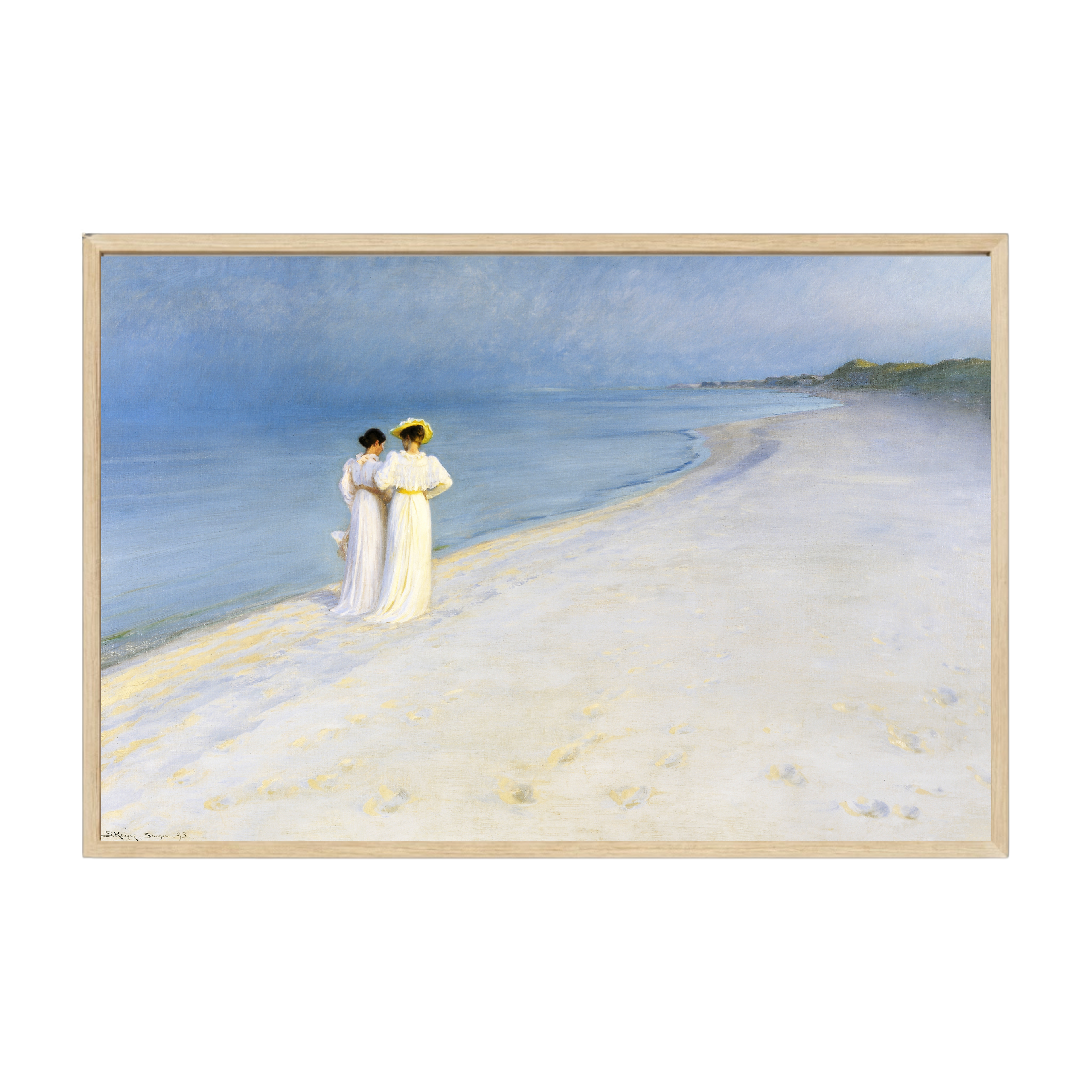Vintage Scandinavian coastal art showing a quiet summer evening at Skagen’s beach, warm atmospheric tones for serene wall décor.