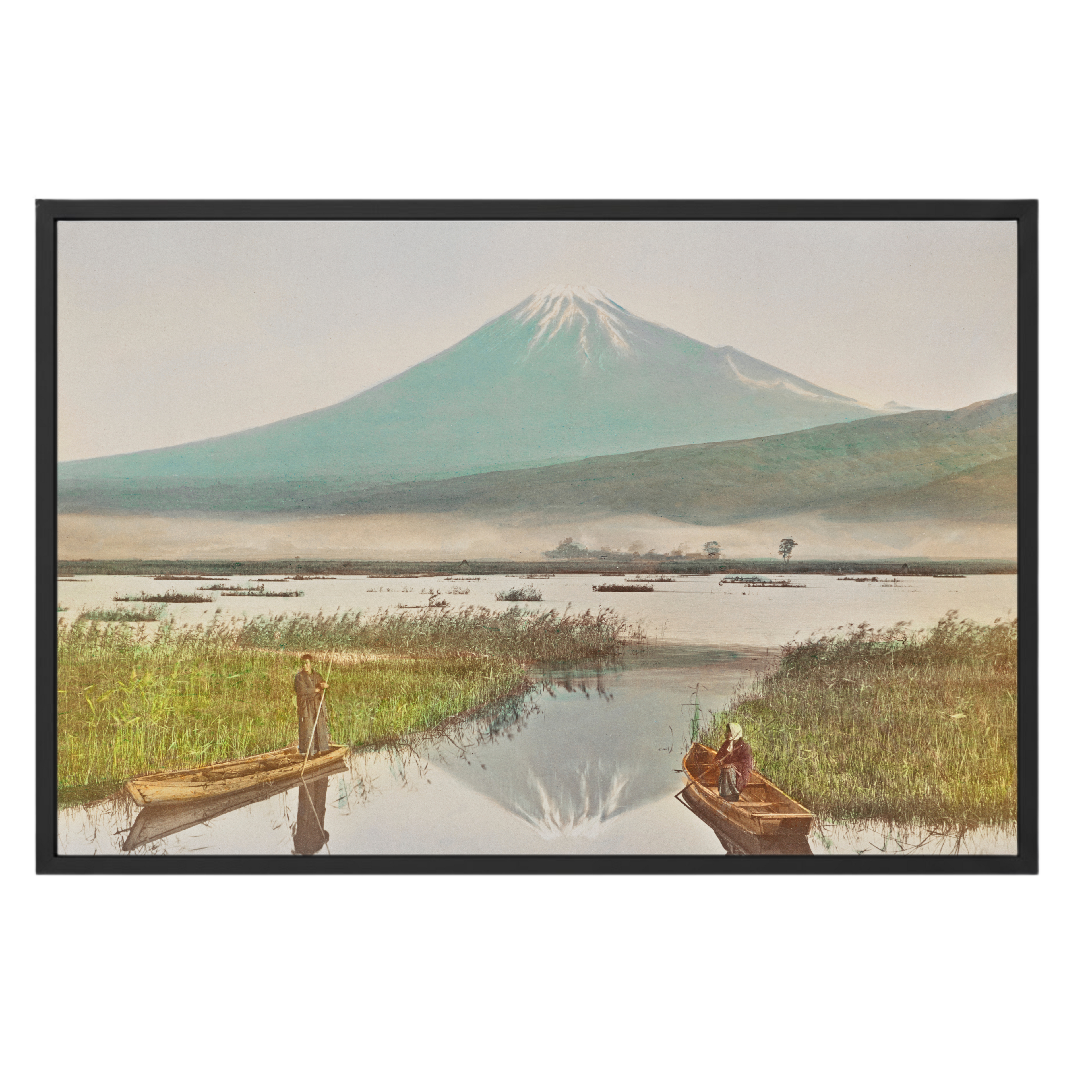 Framed vintage japanese artwork of a landscape with Mount Fuji, people in boats, and reeds.