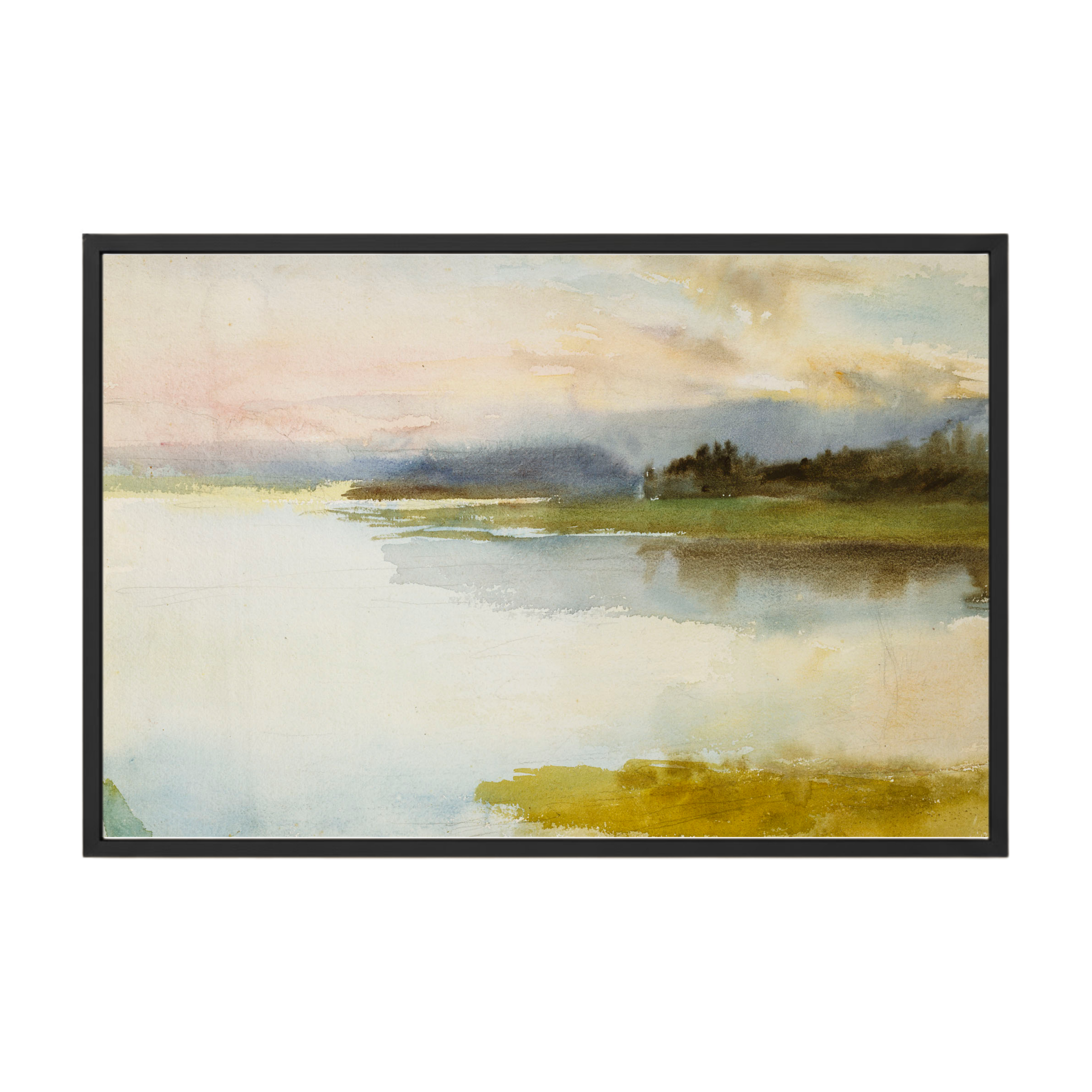 Framed artwork of a landscape with a lake and mountains.