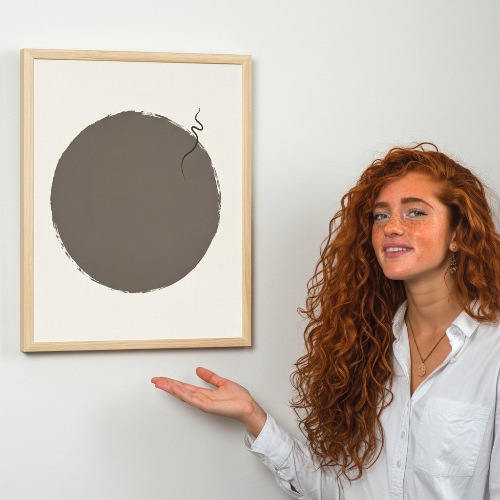 Woman standing next to a framed abstract artwork on a white wall