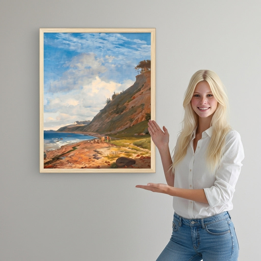 Woman standing next to a framed painting of a coastal landscape.