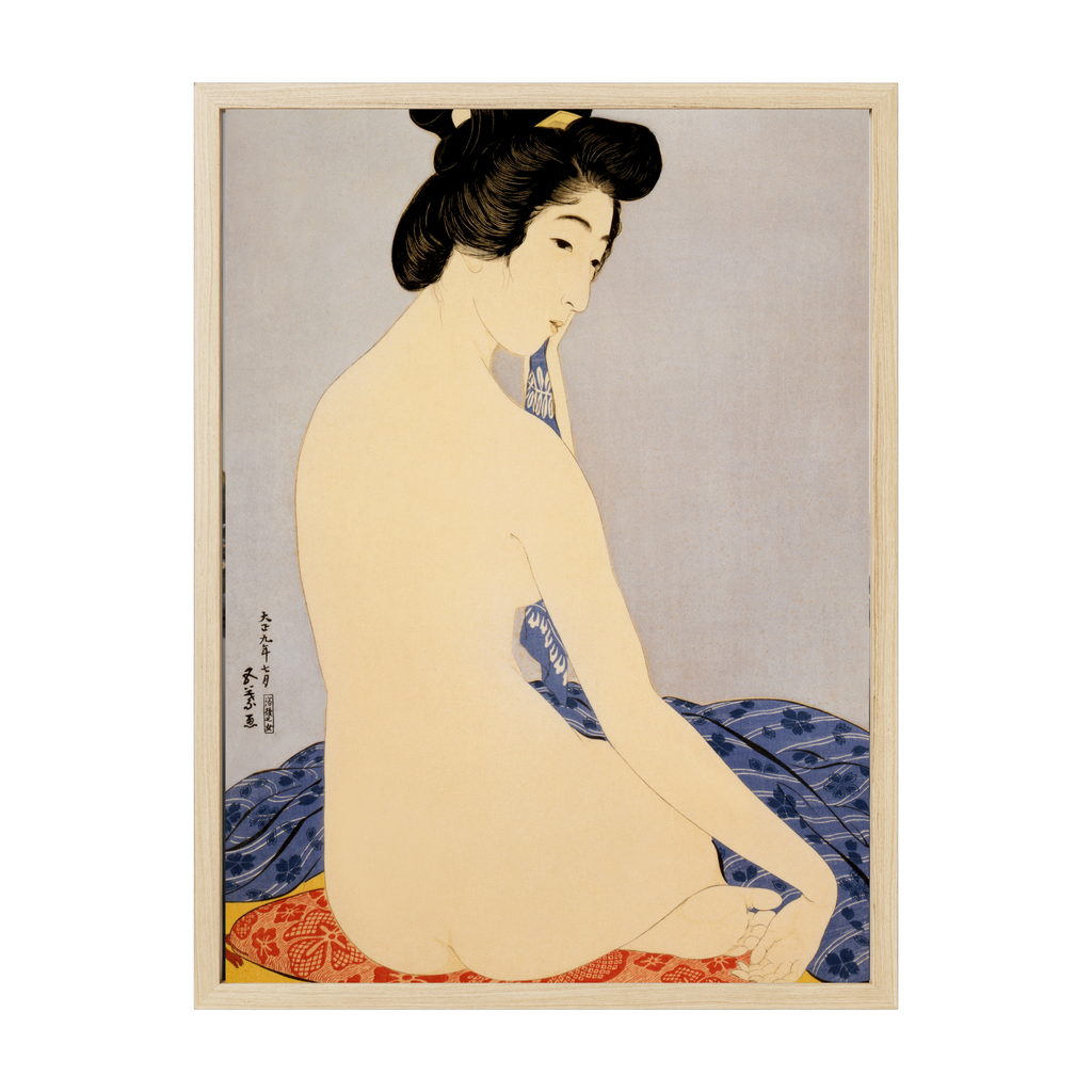 Vintage Japanese art print of a woman after a bath, soft traditional illustration with serene, graceful lines and muted tones.