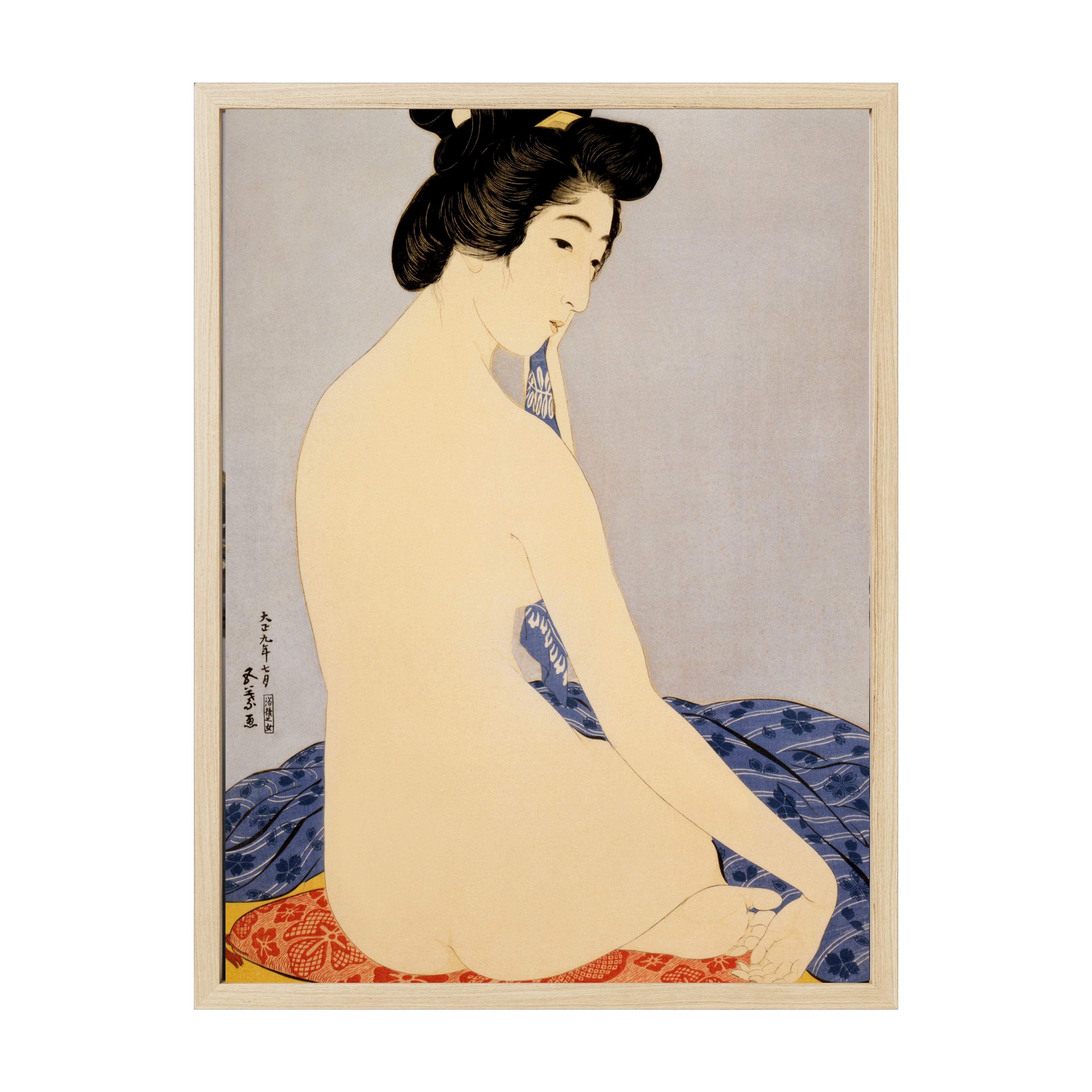 Vintage Japanese art print of a woman after a bath, soft traditional illustration with serene, graceful lines and muted tones.