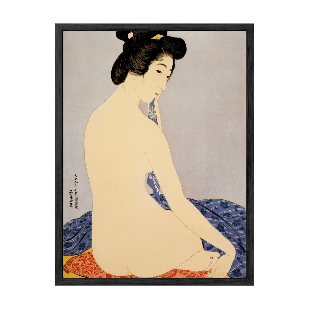 Traditional Japanese woodblock print of a woman in a kimono with a black frame.