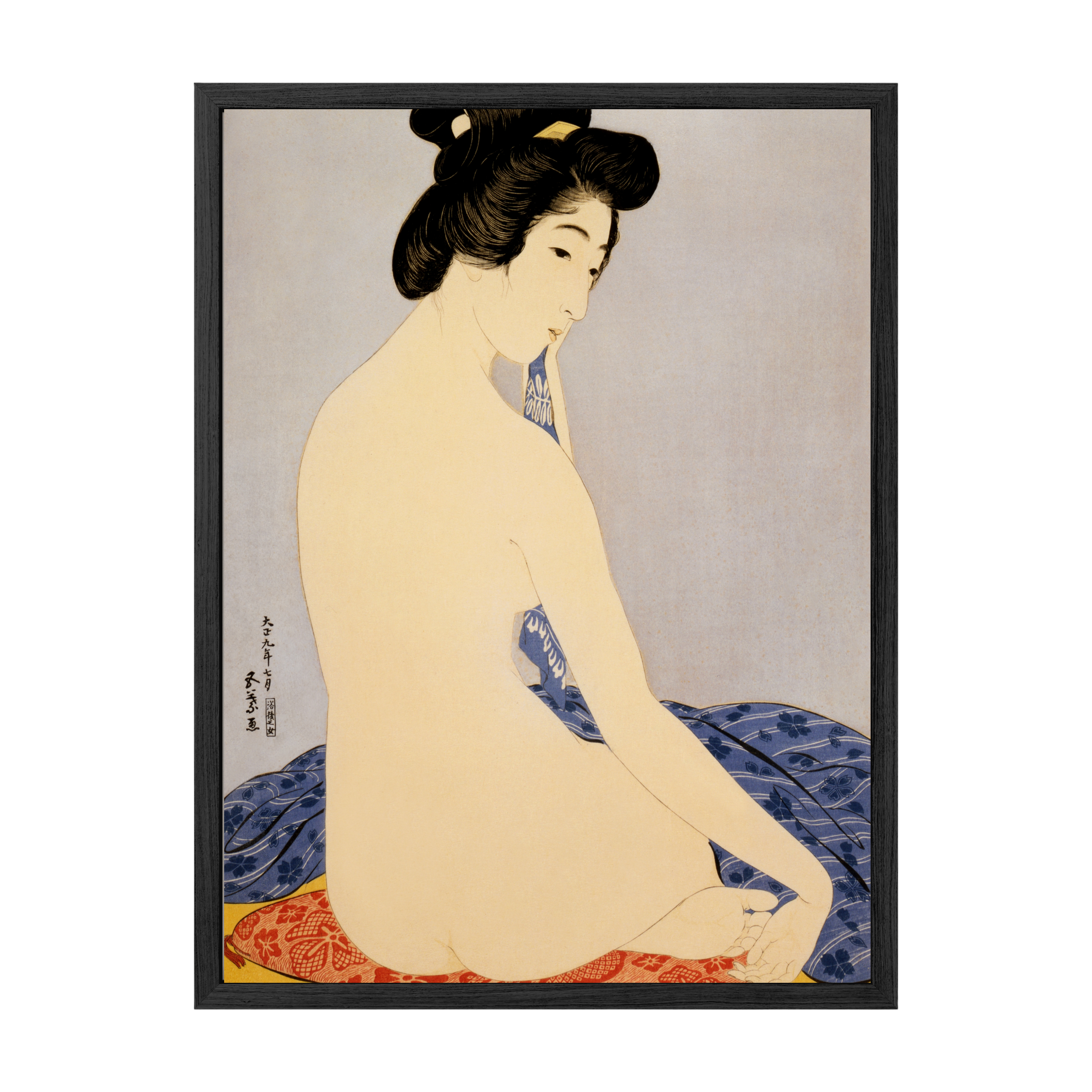 Traditional Japanese woodblock print of a woman in a kimono with a black frame.