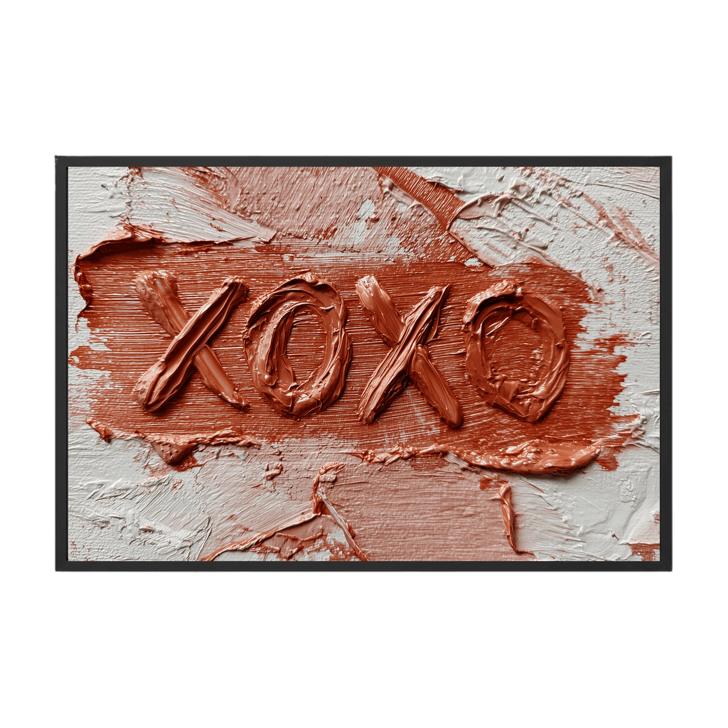 Textured art piece with 'XOXO' in brown on a white background
