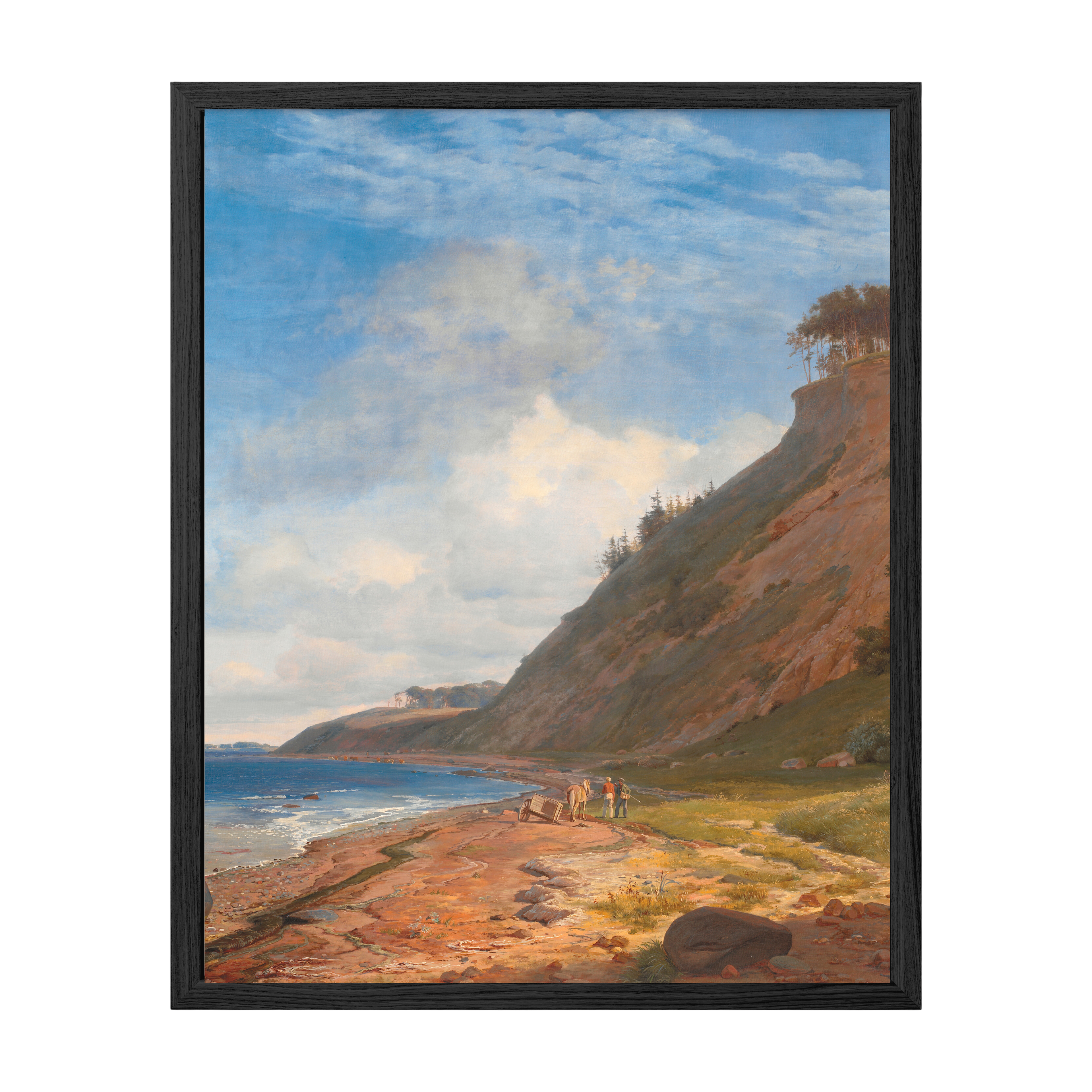 Framed painting of a coastal landscape with a hillside and ocean.