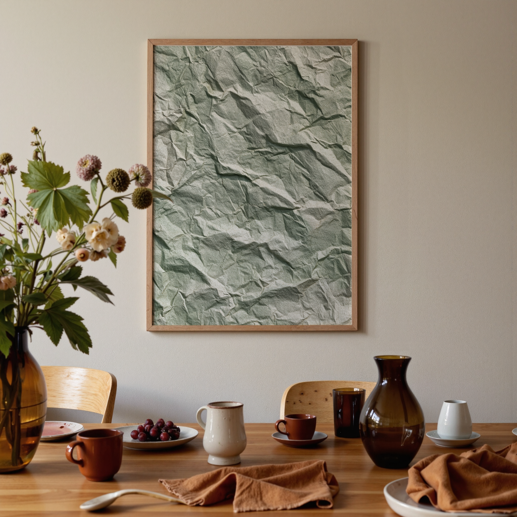 Dining room with a table set for a meal, framed artwork on the wall, and decorative elements.