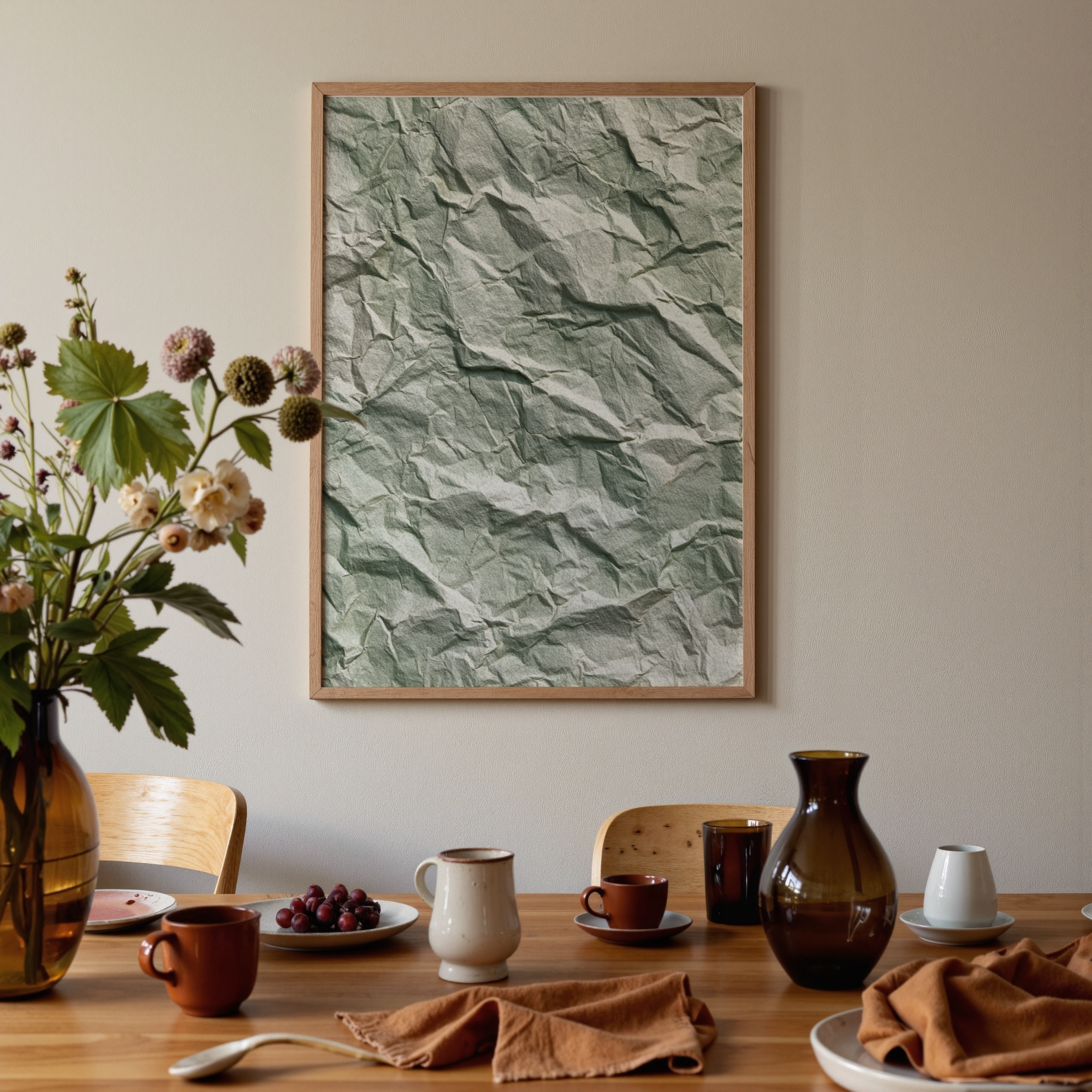 Dining room with a table set for a meal, framed artwork on the wall, and decorative elements.