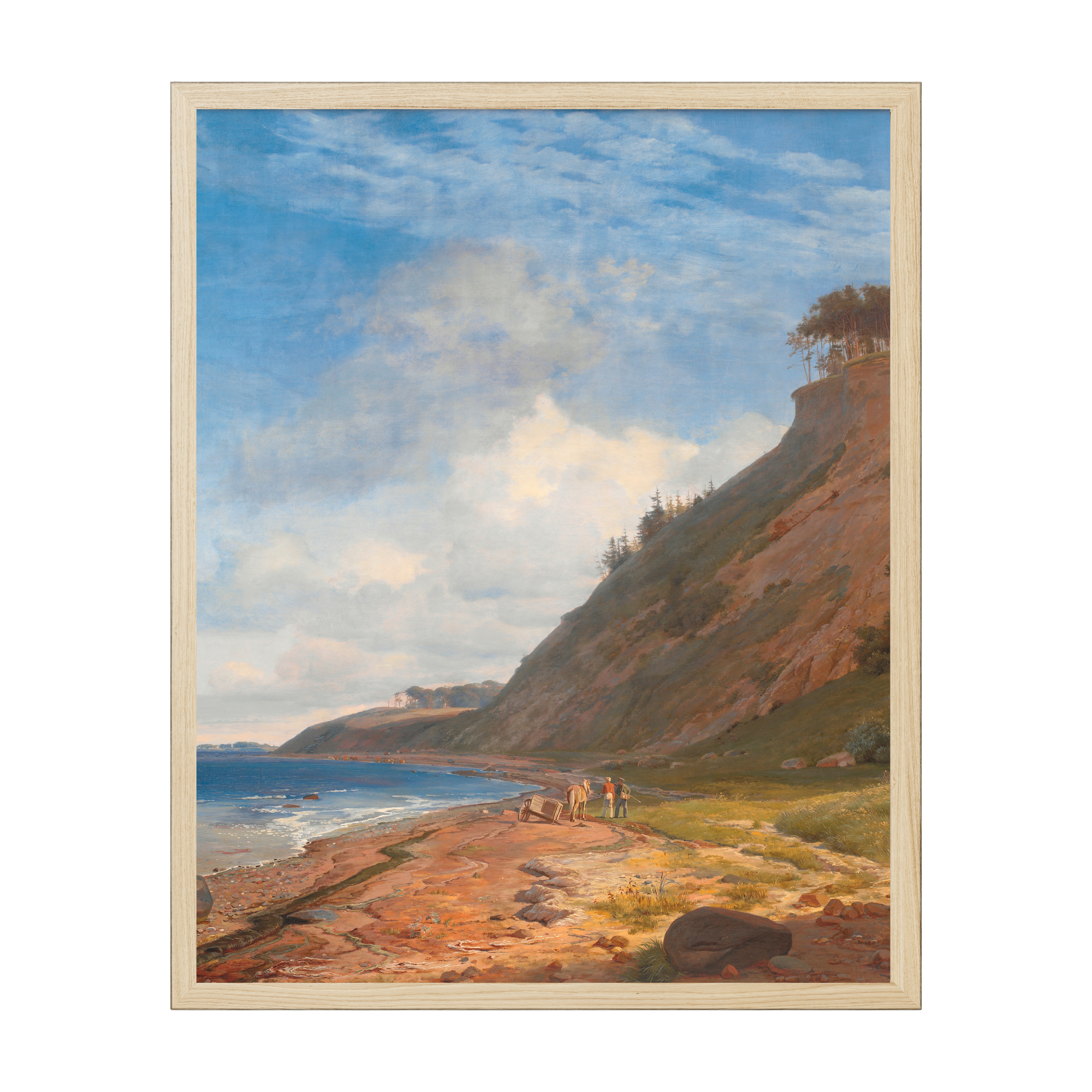 Vintage Scandinavian landscape art print depicting a peaceful Danish coastline, soft natural colors for classic calm Nordic décor.